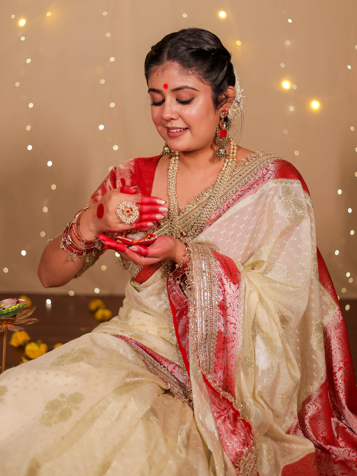 Banarasi Cotton Silk Saree With Lace Border- Off White