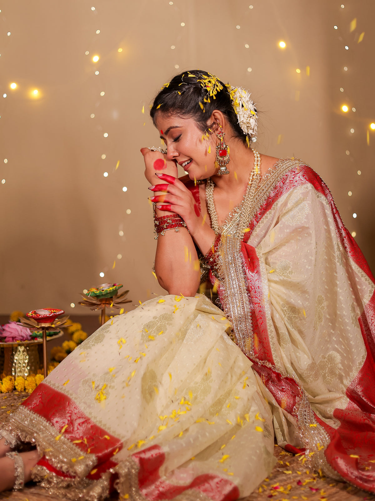 Banarasi Cotton Silk Saree With Lace Border- Off White