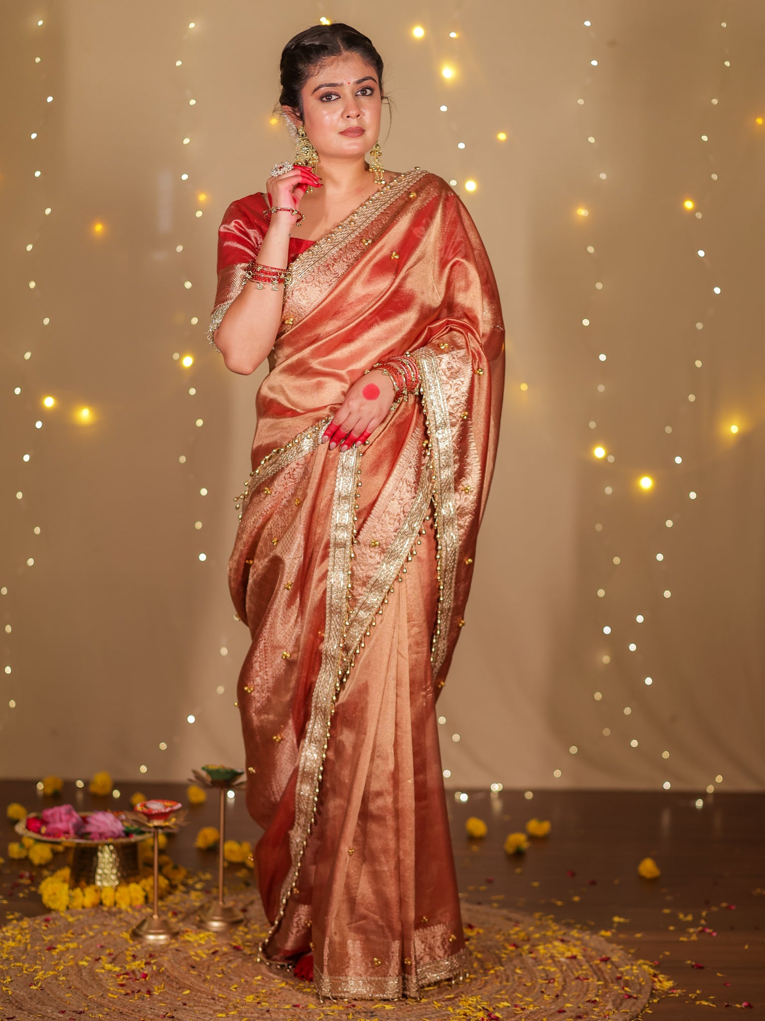 Banarasi Ghungroo Work Tissue Saree with Lace Border - Red