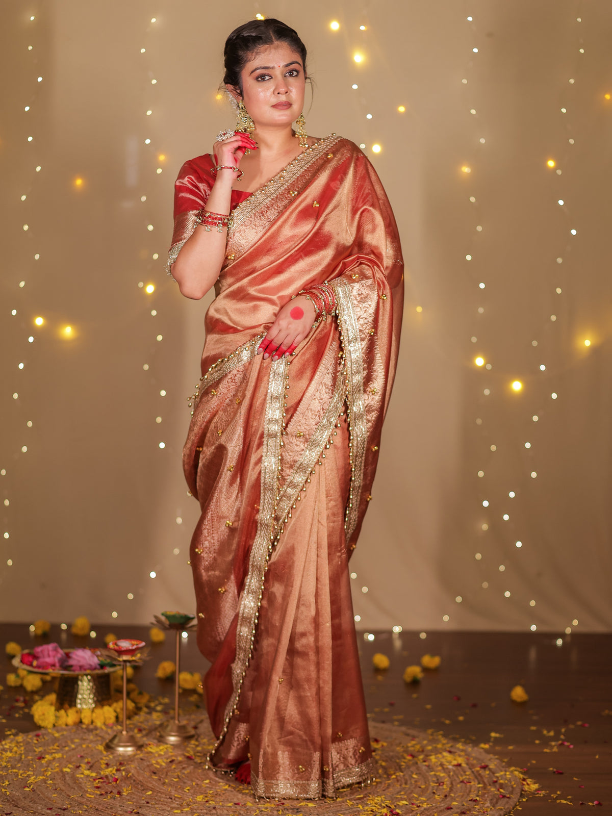 Banarasi Ghungroo Work Tissue Saree with Lace Border - Rust