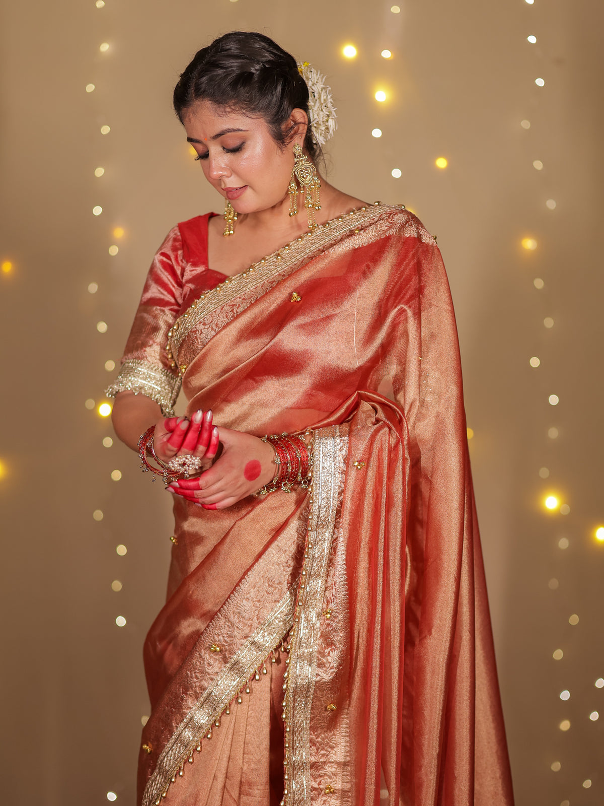 Banarasi Ghungroo Work Tissue Saree with Lace Border - Red
