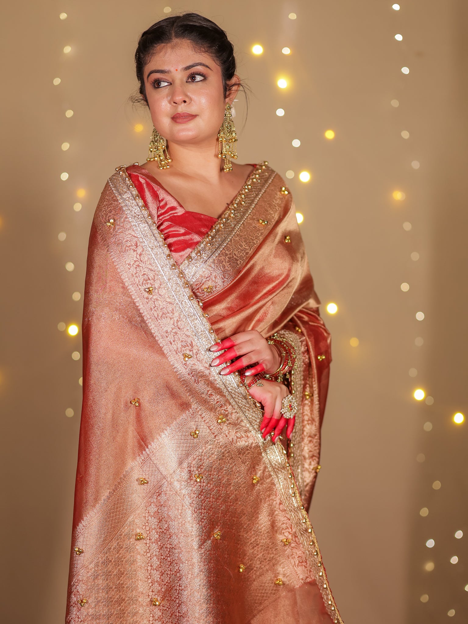Banarasi Ghungroo Work Tissue Saree with Lace Border - Red