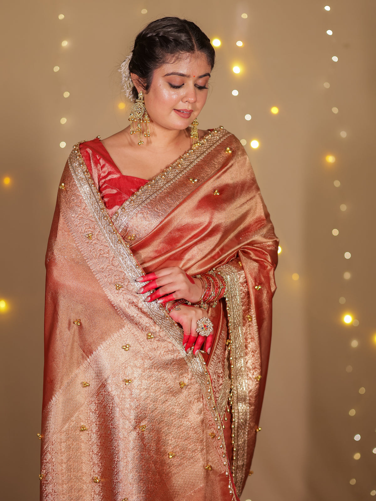 Banarasi Ghungroo Work Tissue Saree with Lace Border - Red