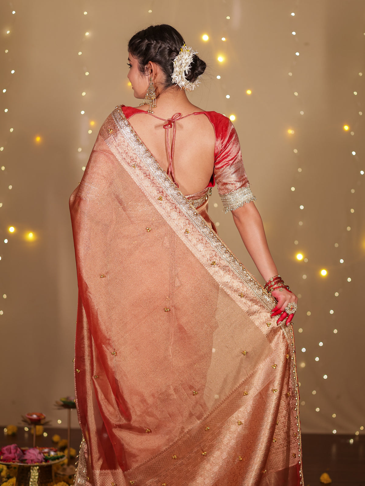 Banarasi Ghungroo Work Tissue Saree with Lace Border - Red