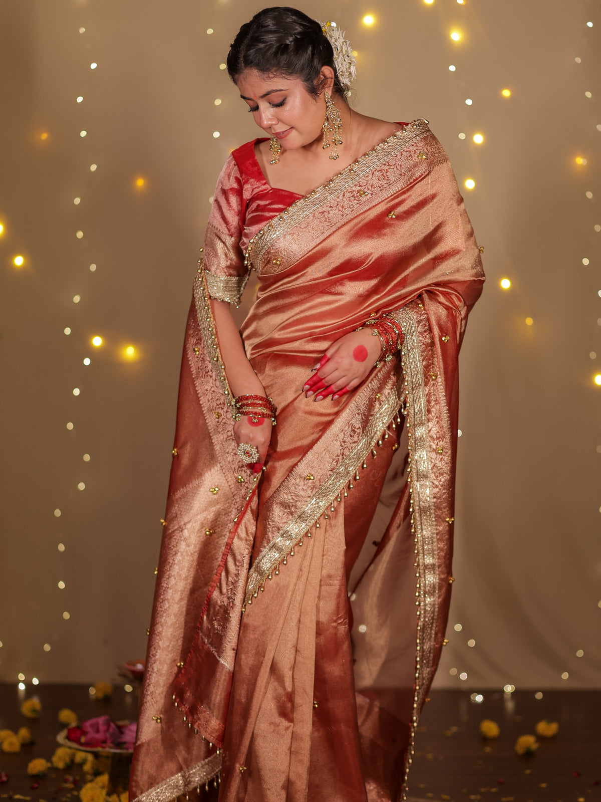 Banarasi Ghungroo Work Tissue Saree with Lace Border - Red