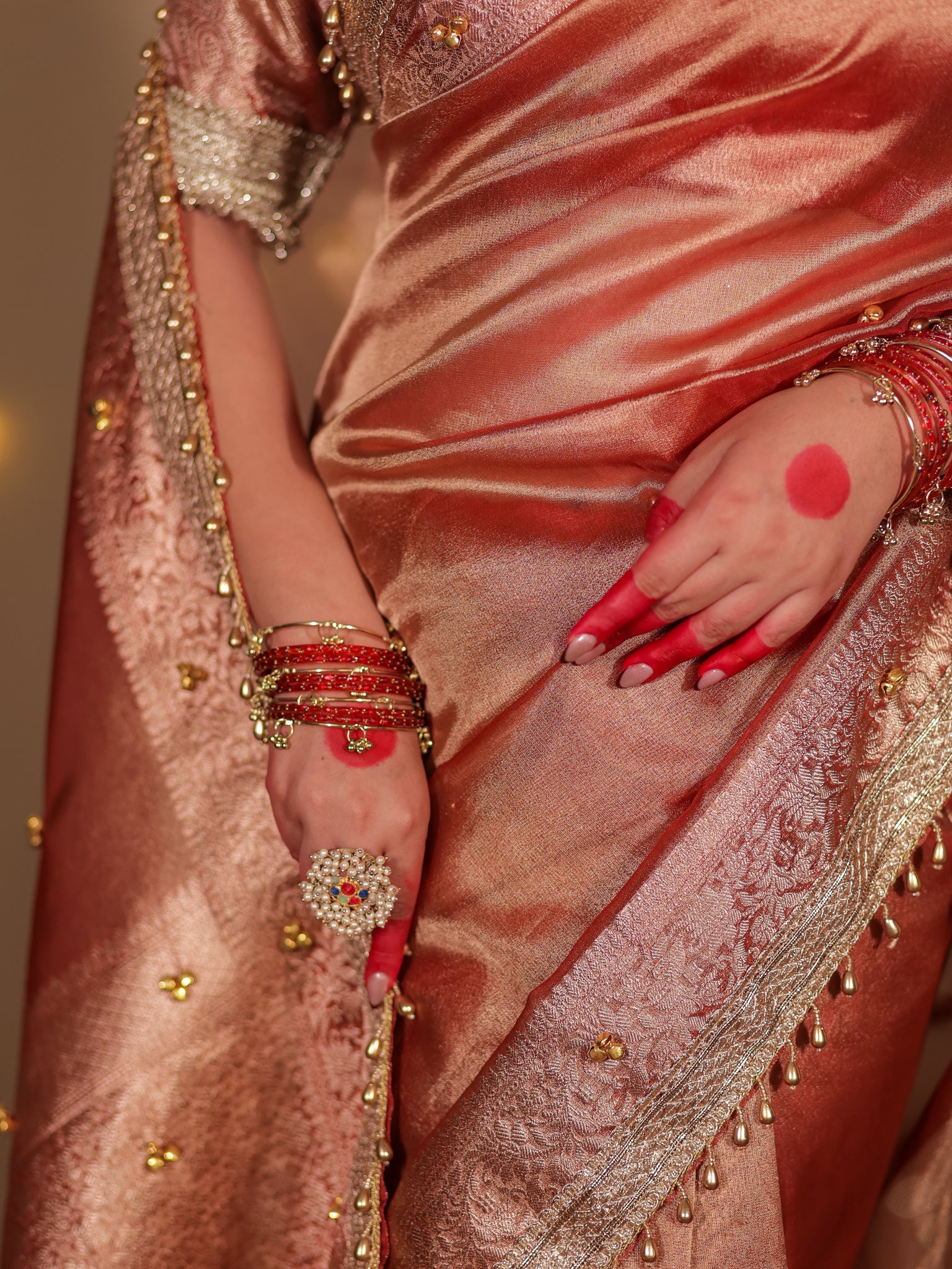 Banarasi Ghungroo Work Tissue Saree with Lace Border - Red