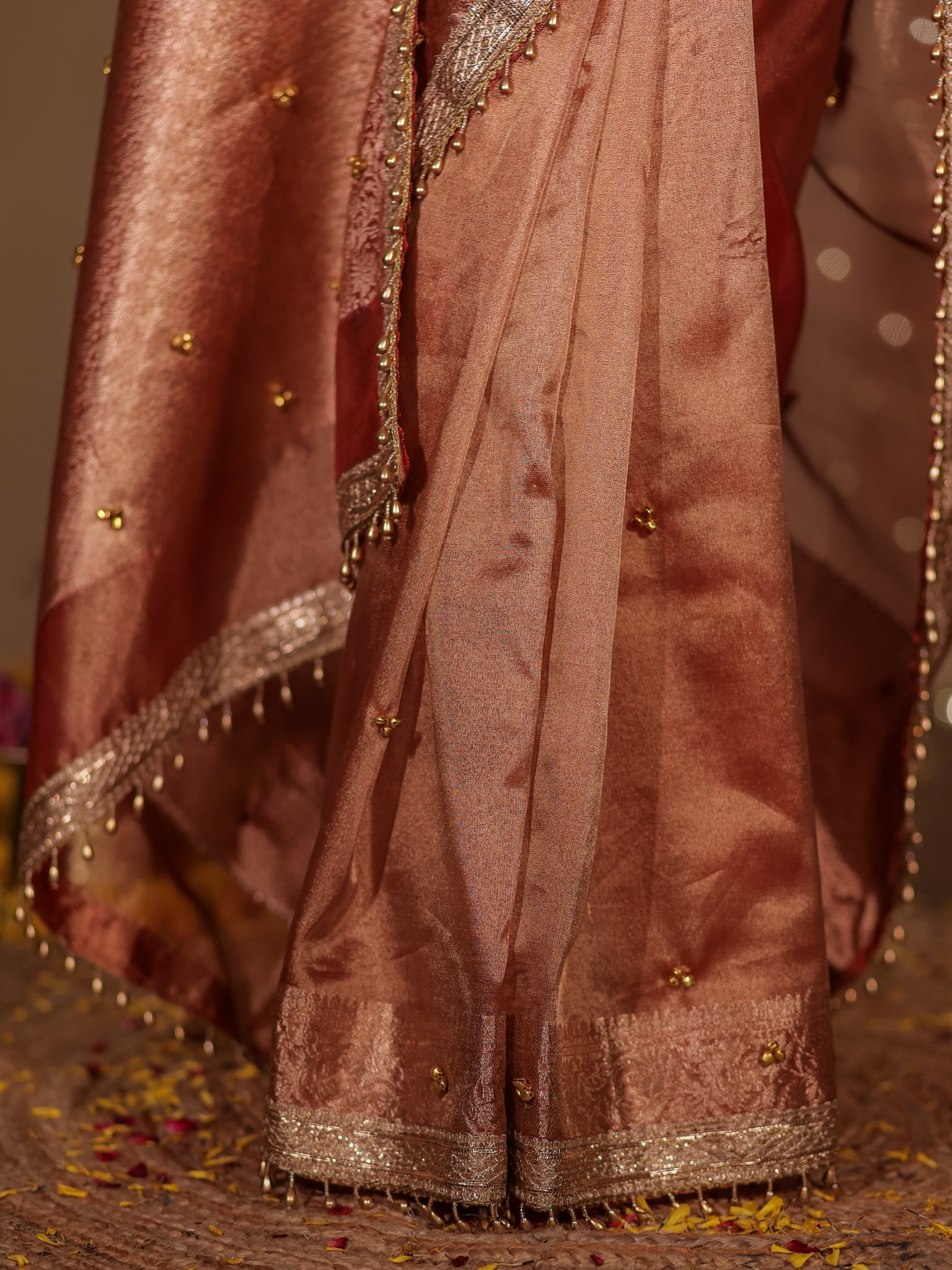 Banarasi Ghungroo Work Tissue Saree with Lace Border - Red