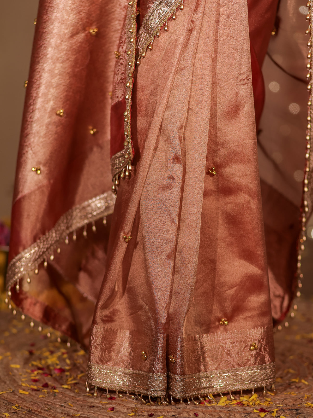 Banarasi Ghungroo Work Tissue Saree with Lace Border - Rust