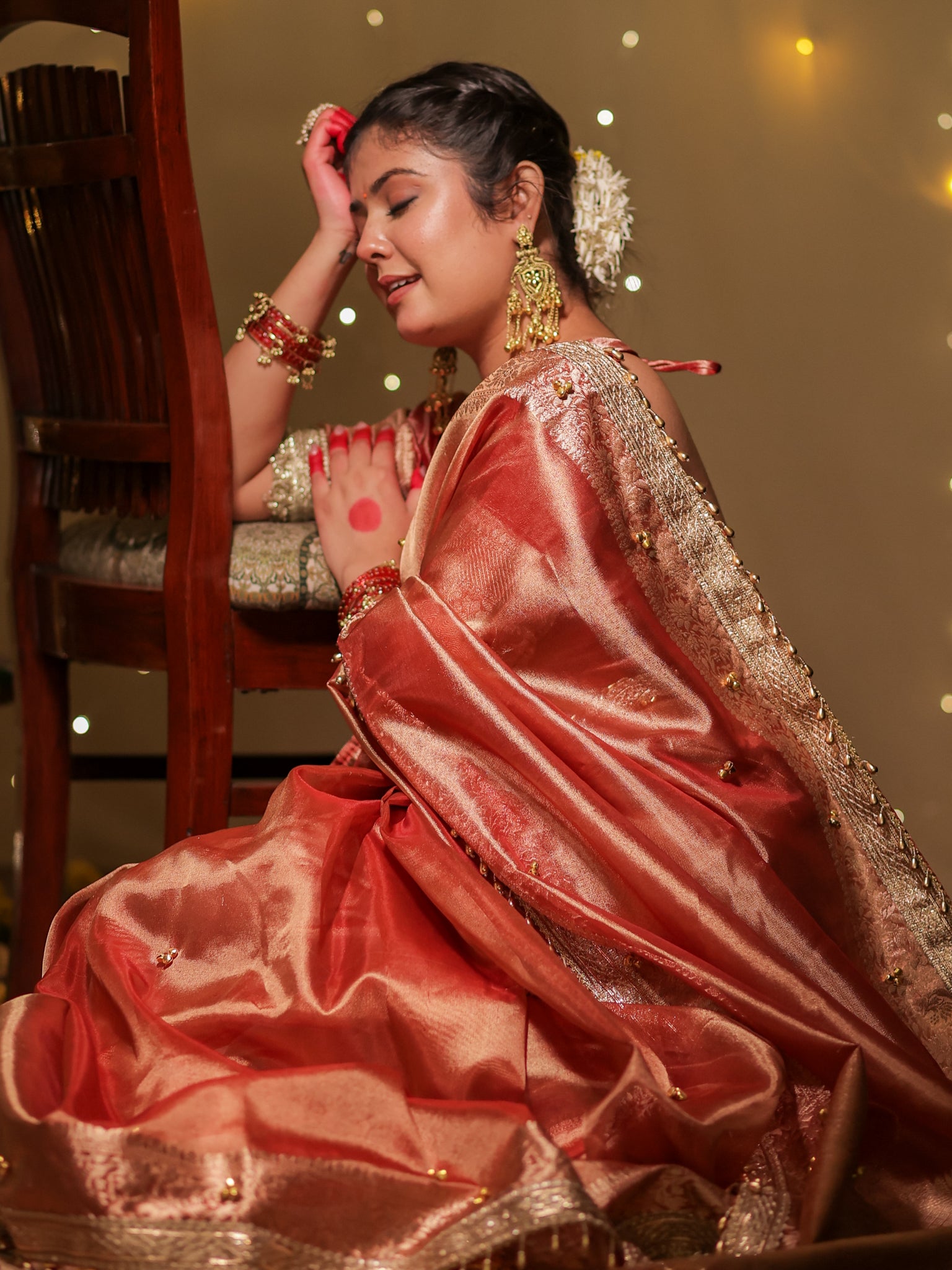Banarasi Ghungroo Work Tissue Saree with Lace Border - Red