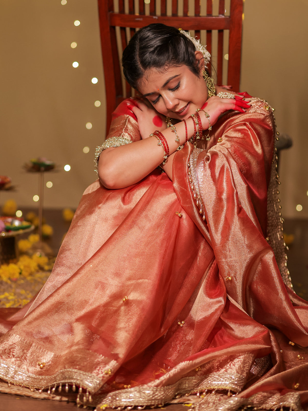 Banarasi Ghungroo Work Tissue Saree with Lace Border - Red