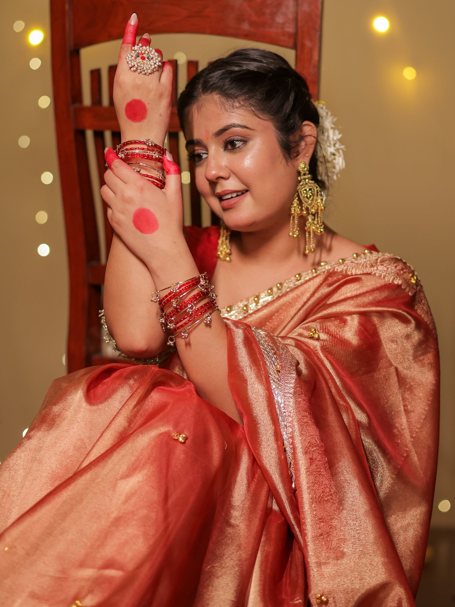Banarasi Ghungroo Work Tissue Saree with Lace Border - Red
