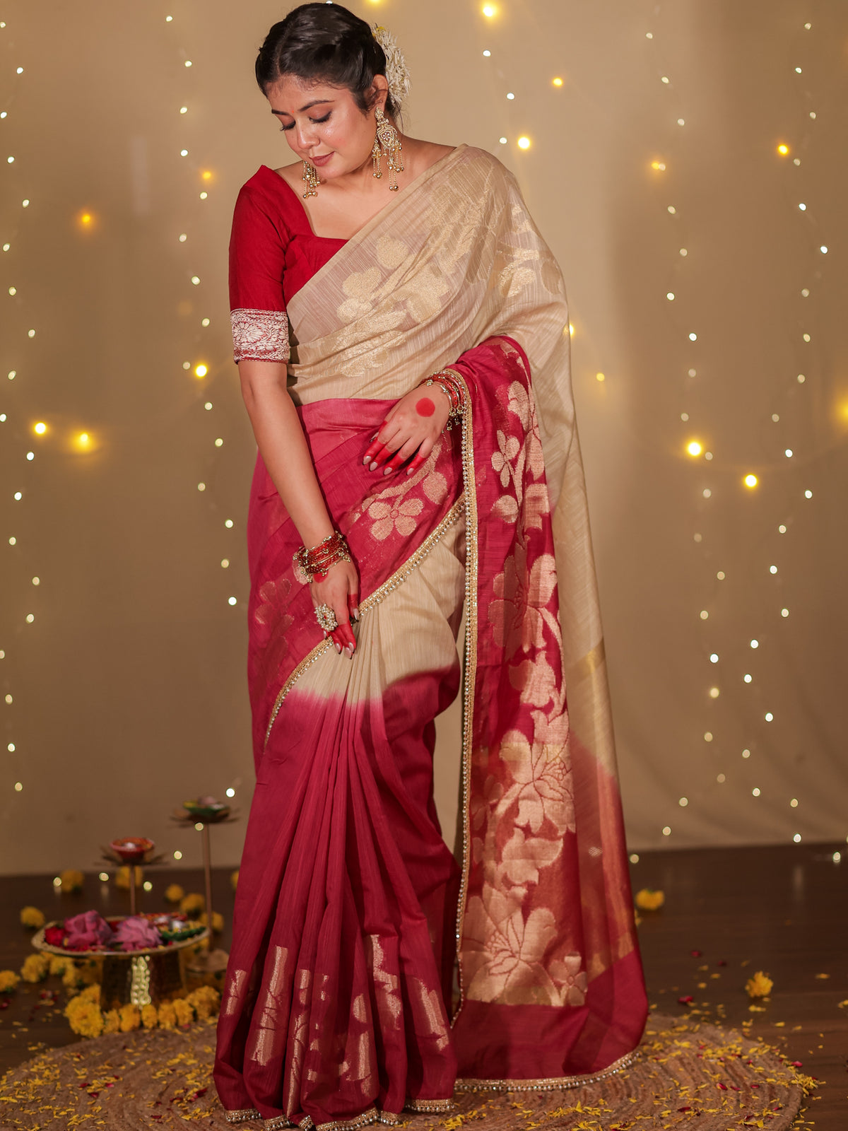 Banarasi Dual Shade Soft Cotton Saree With Lace Border- Beige & Maroon