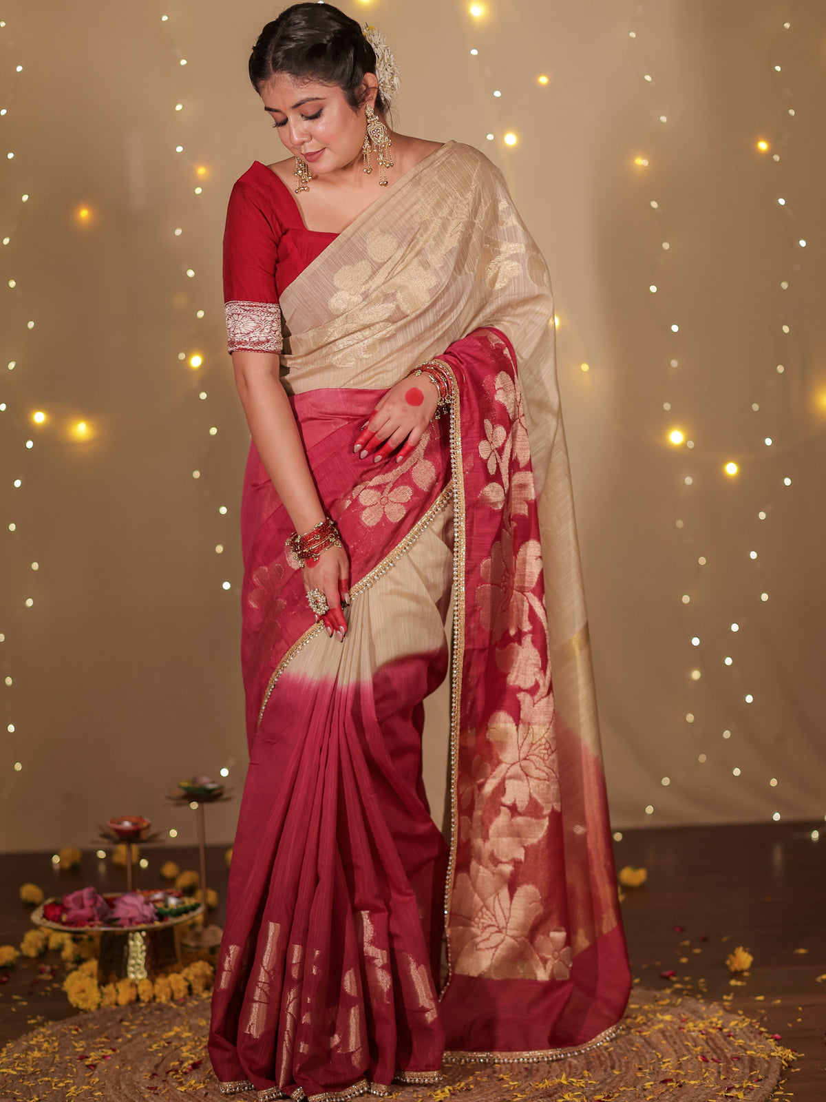Banarasi Dual Shade Soft Cotton Saree With Lace Border- Beige & Maroon