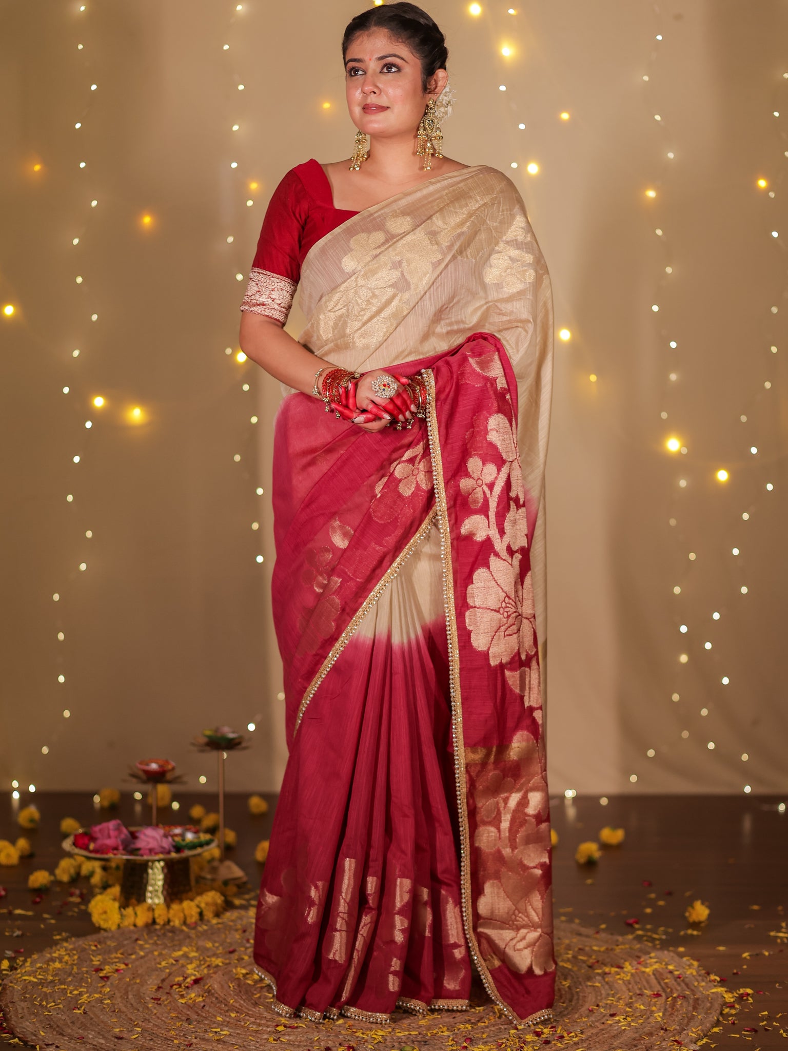 Banarasi Dual Shade Soft Cotton Saree With Lace Border- Beige & Maroon