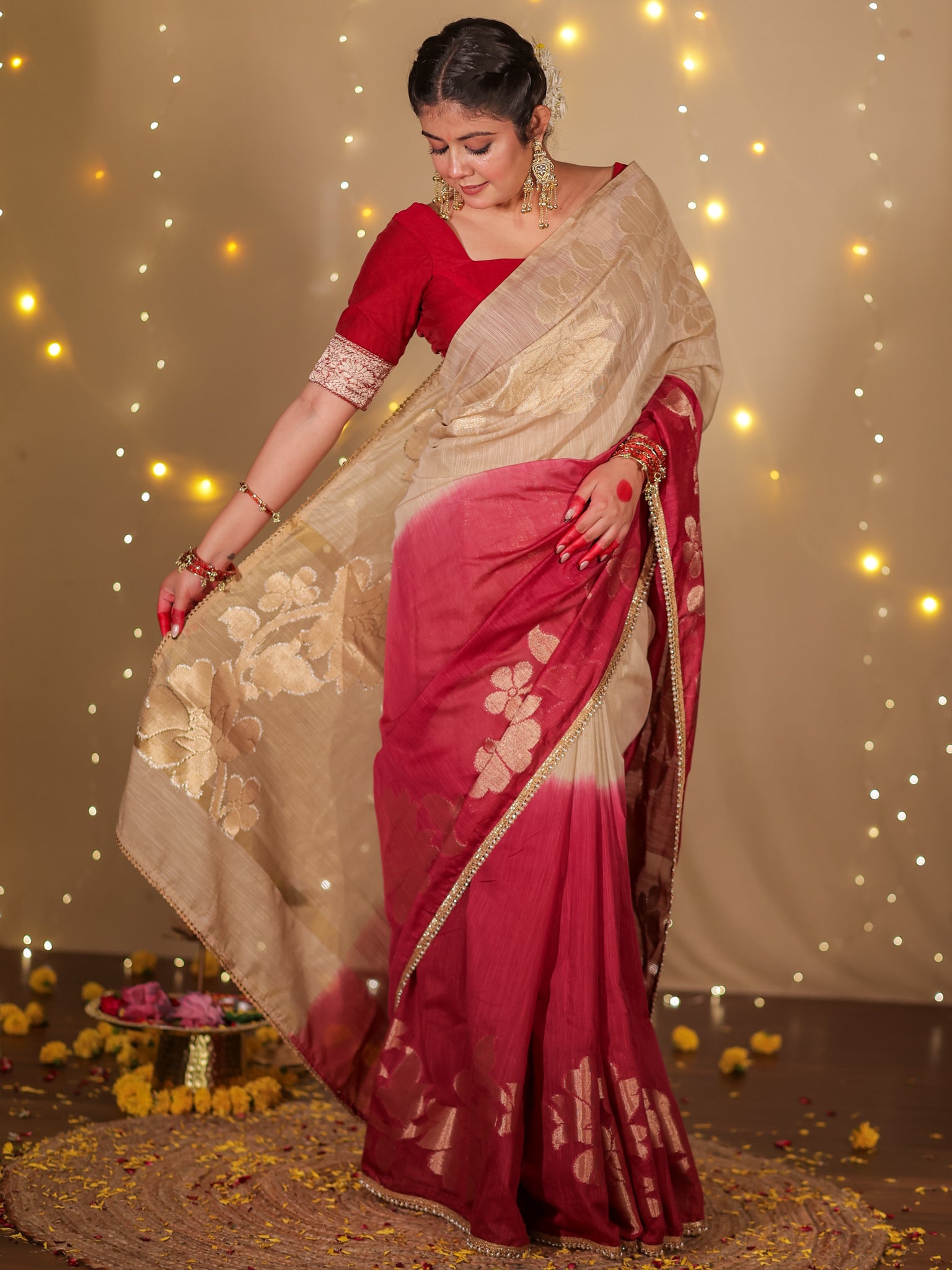Banarasi Dual Shade Soft Cotton Saree With Lace Border- Beige & Maroon