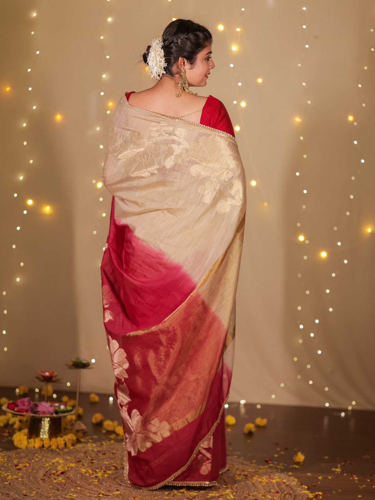 Banarasi Dual Shade Soft Cotton Saree With Lace Border- Beige & Maroon