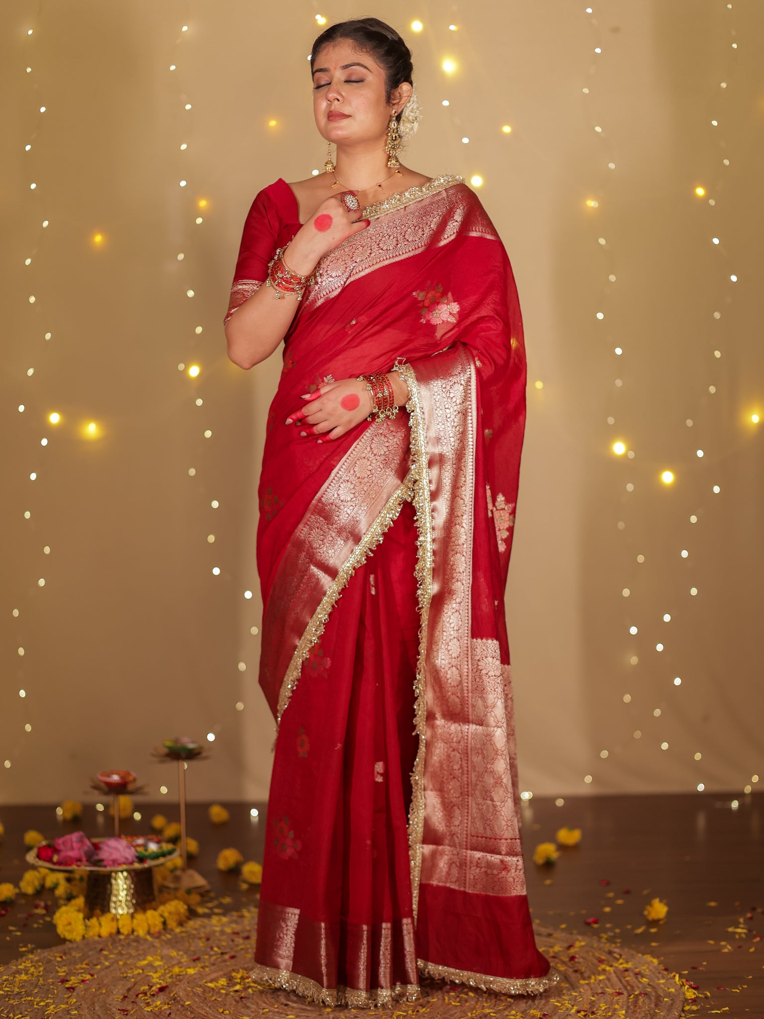 Banarasi Cotton Silk Saree With Zari Weaving & Lace Border- Maroon