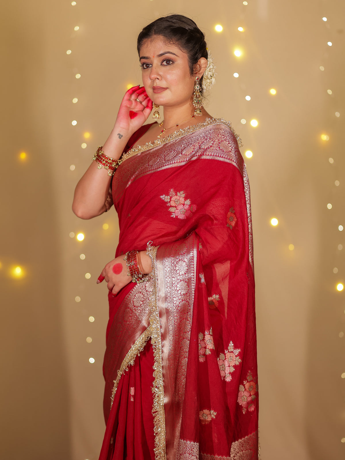 Banarasi Cotton Silk Saree With Zari Weaving & Lace Border- Maroon