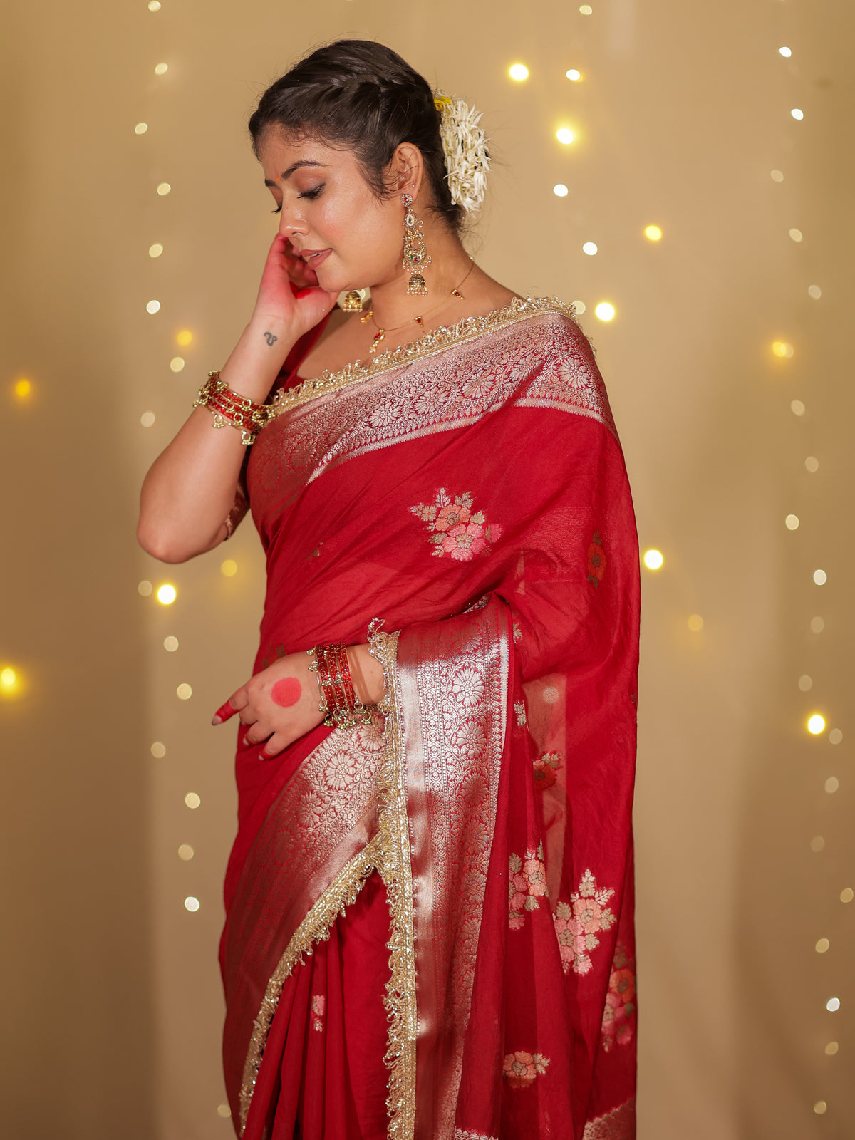 Banarasi Cotton Silk Saree With Zari Weaving & Lace Border- Maroon
