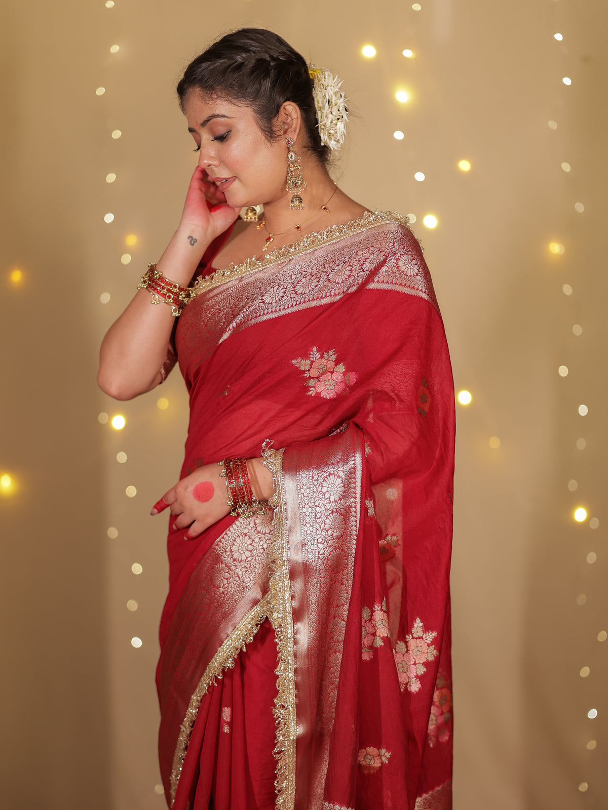 Banarasi Cotton Silk Saree With Zari Weaving & Lace Border- Maroon