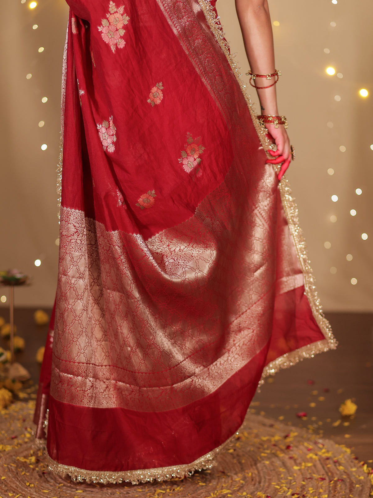 Banarasi Cotton Silk Saree With Zari Weaving & Lace Border- Maroon