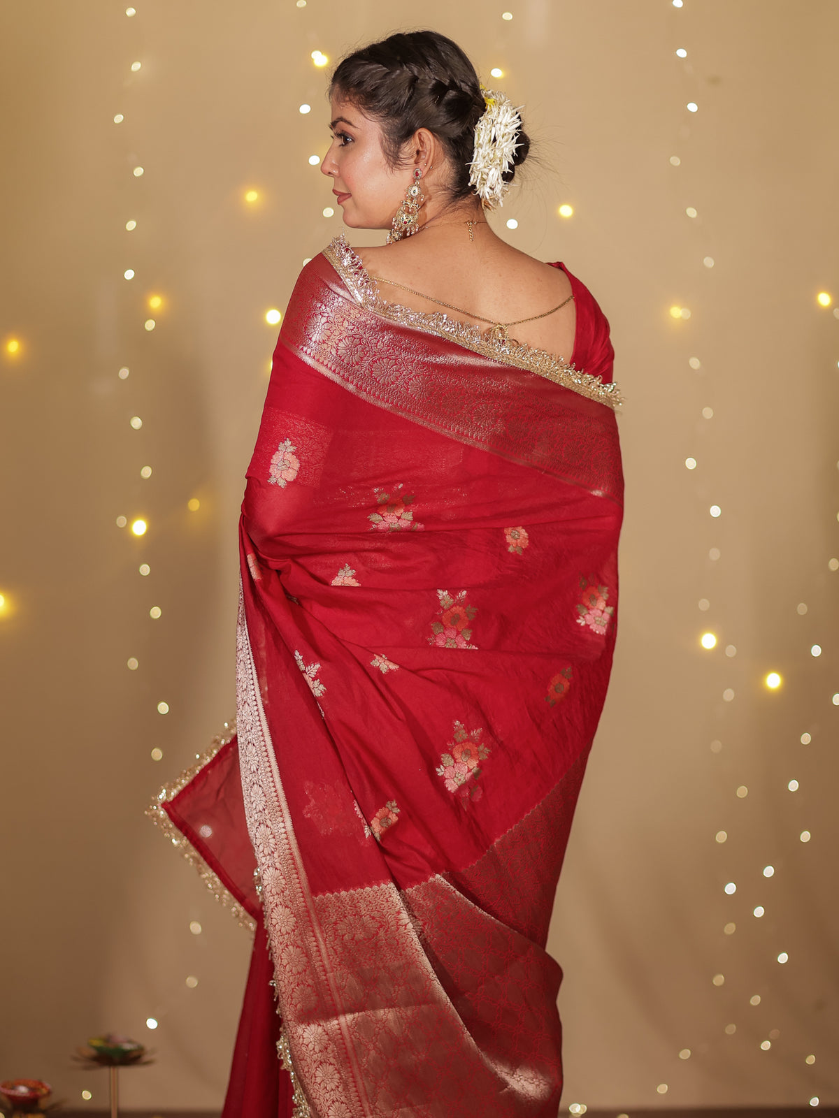 Banarasi Cotton Silk Saree With Zari Weaving & Lace Border- Maroon