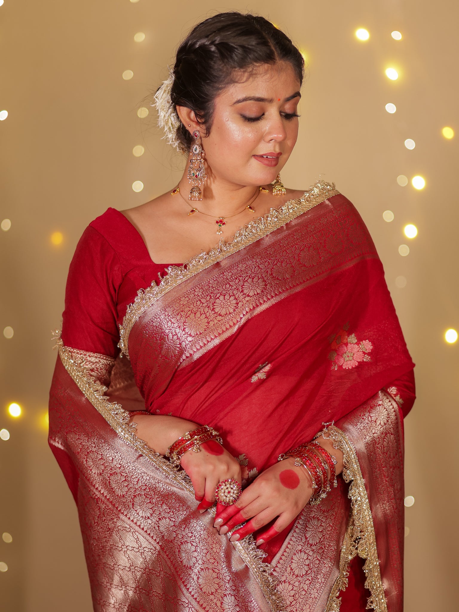 Banarasi Cotton Silk Saree With Zari Weaving & Lace Border- Maroon