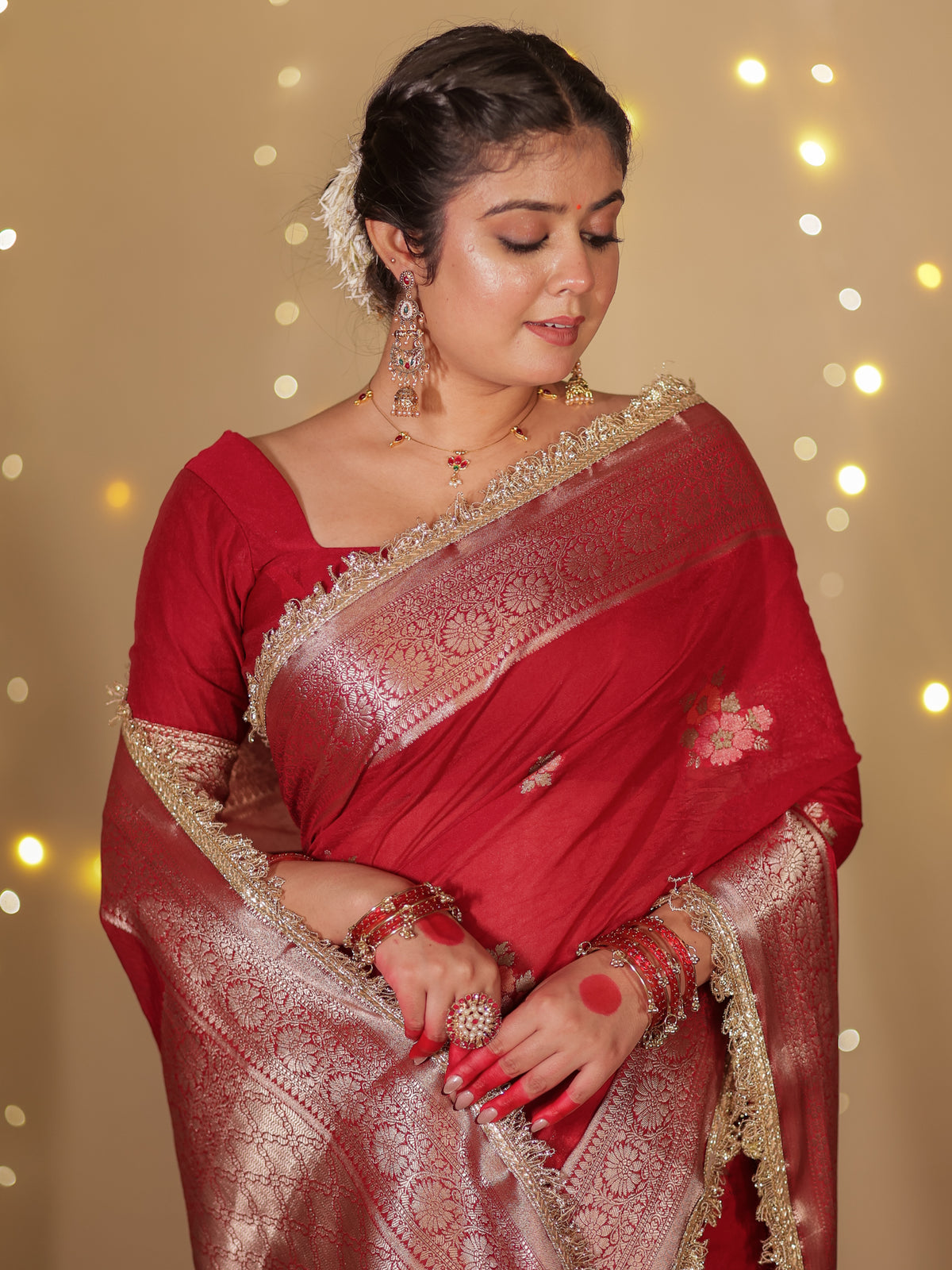 Banarasi Cotton Silk Saree With Zari Weaving & Lace Border- Maroon