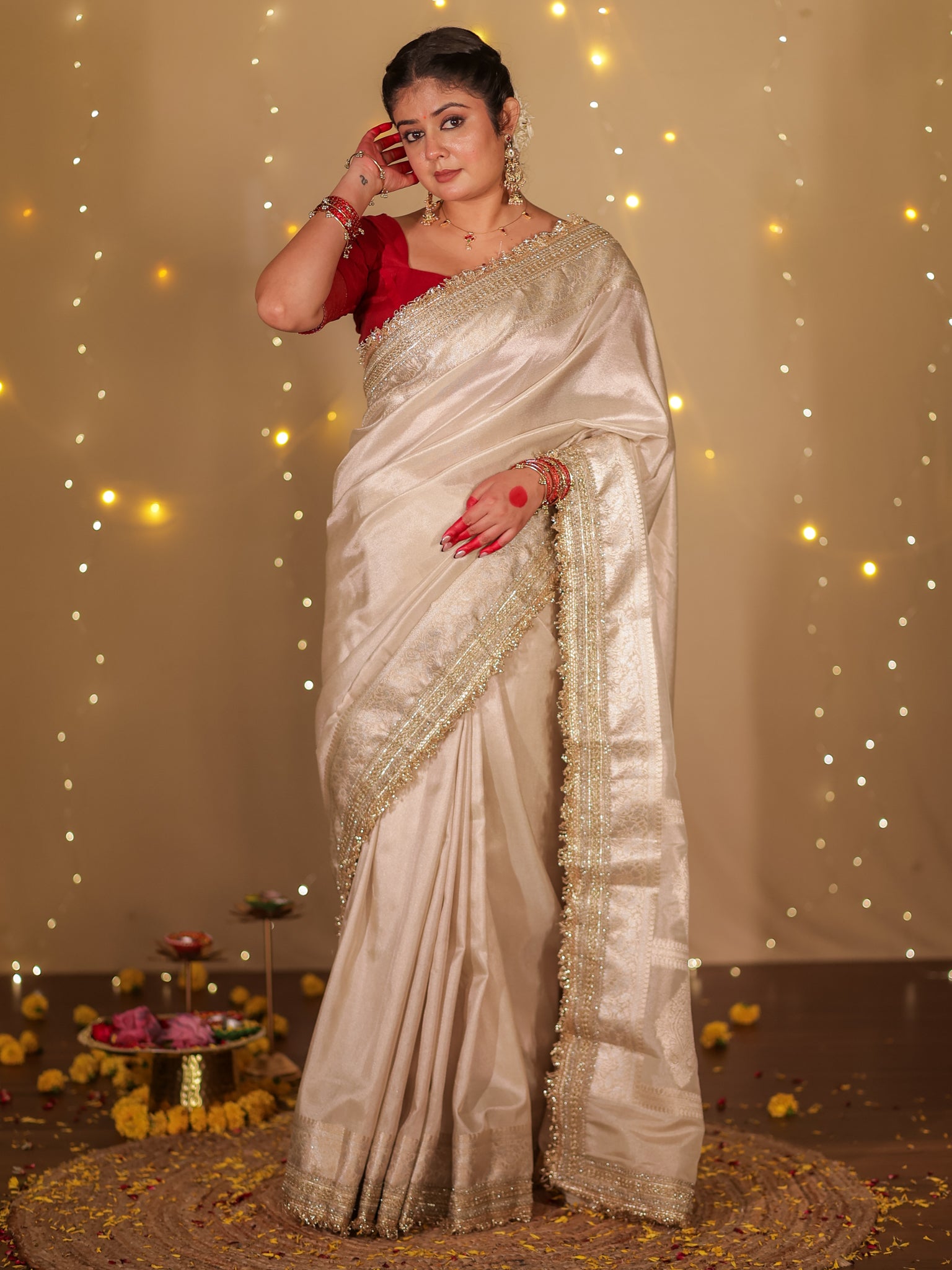 Banarasi Plain Tissue Saree with Lace Border - Beige