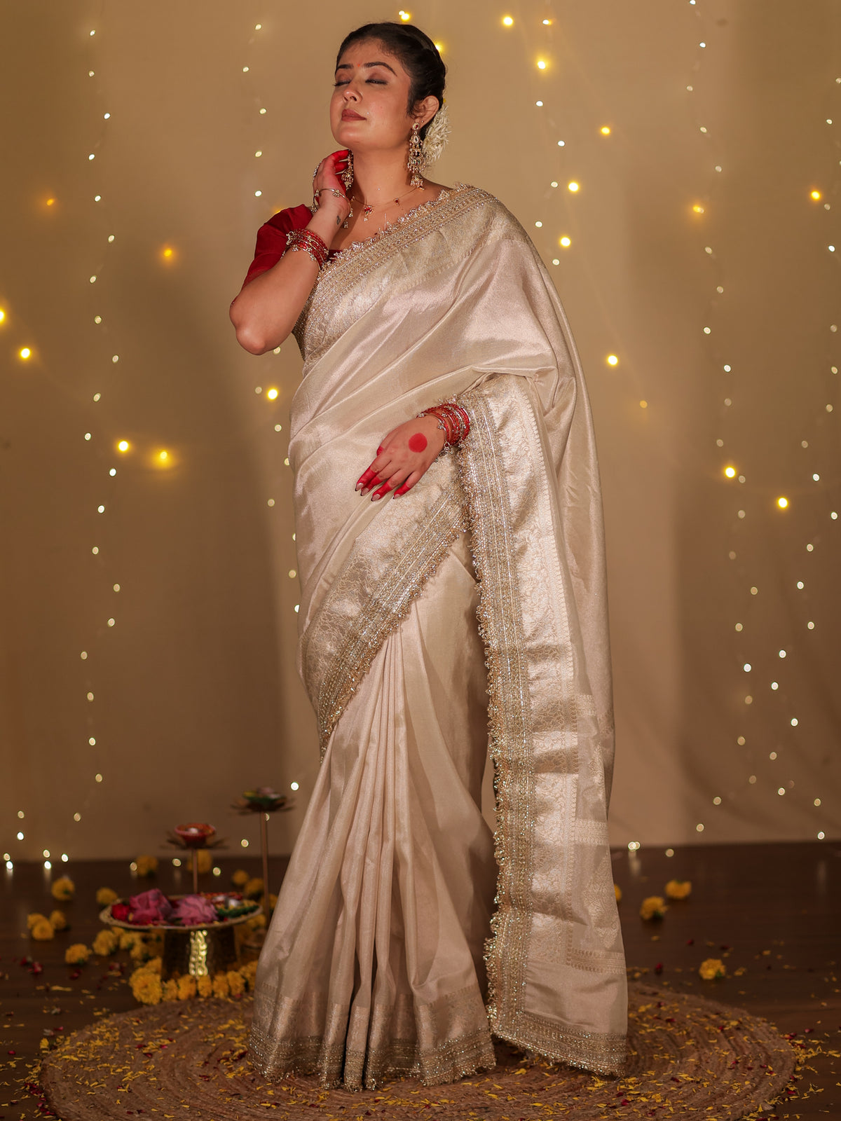 Banarasi Plain Tissue Saree with Lace Border - Beige