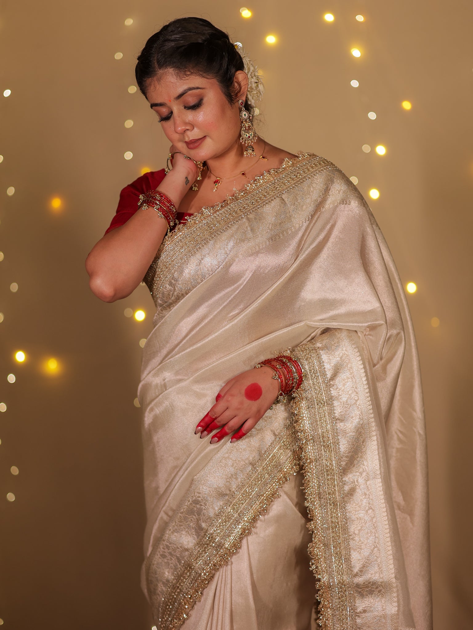 Banarasi Plain Tissue Saree with Lace Border - Beige