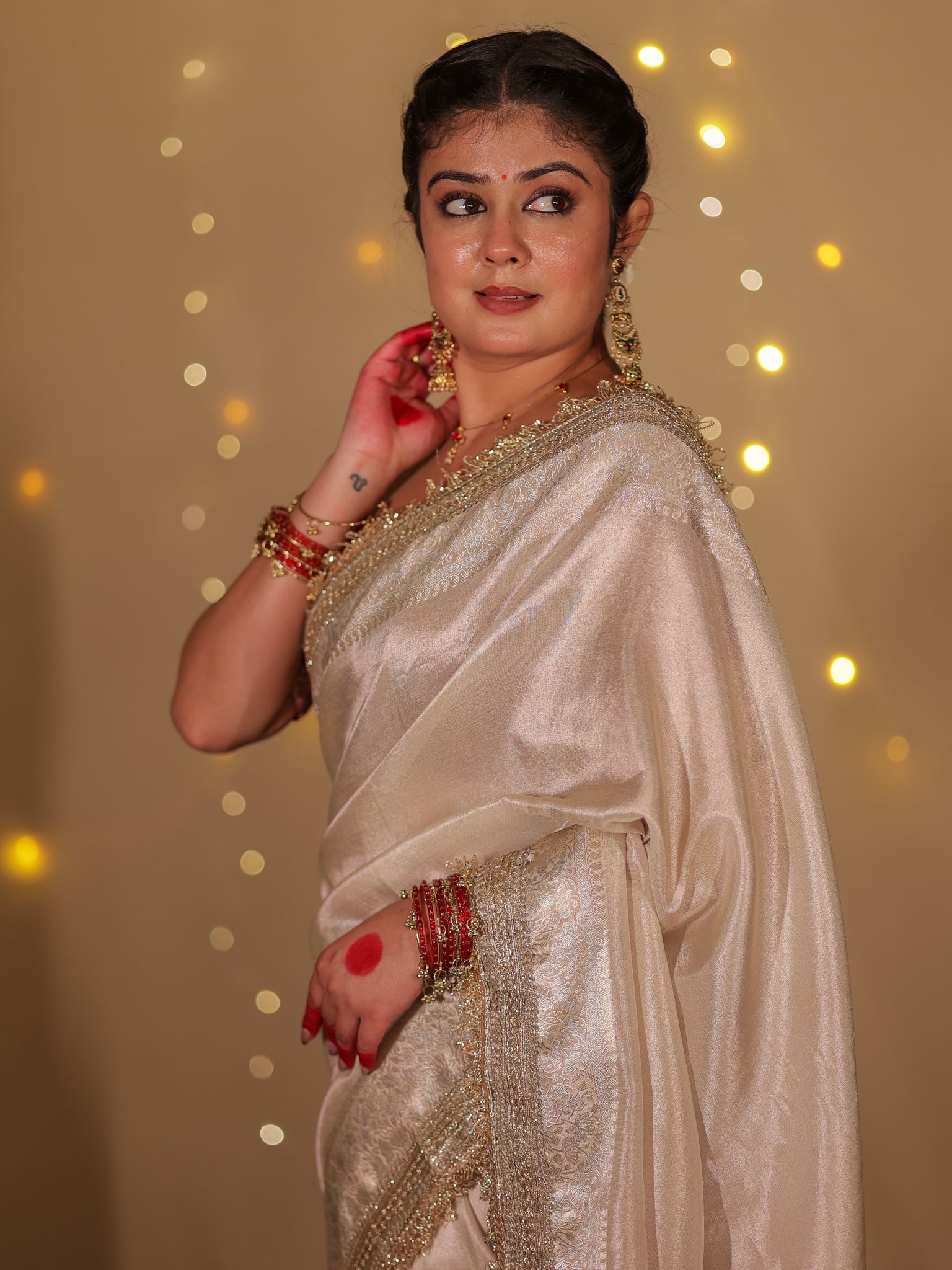 Banarasi Plain Tissue Saree with Lace Border - Beige