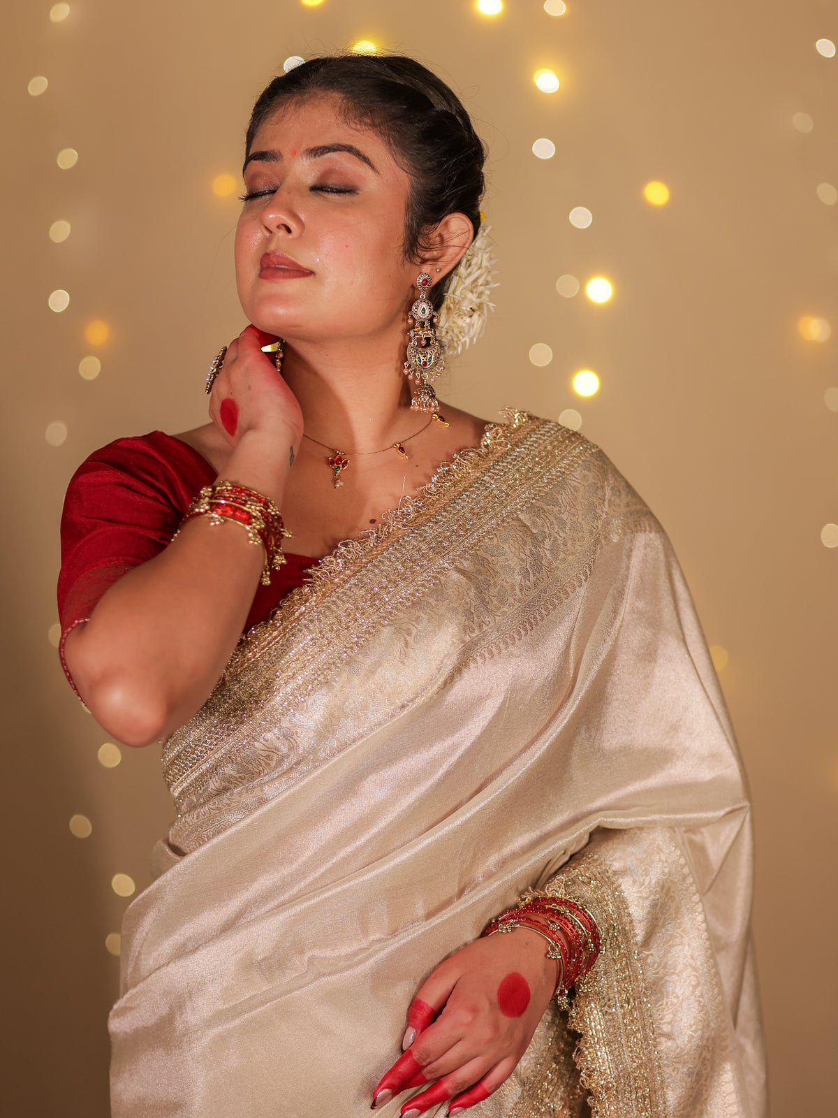 Banarasi Plain Tissue Saree with Lace Border - Beige