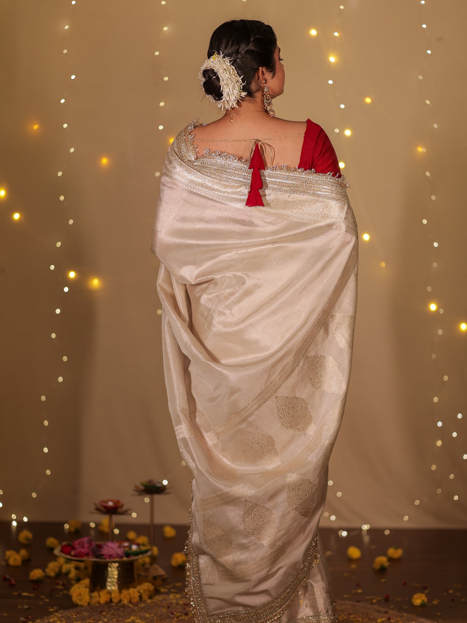 Banarasi Plain Tissue Saree with Lace Border - Beige