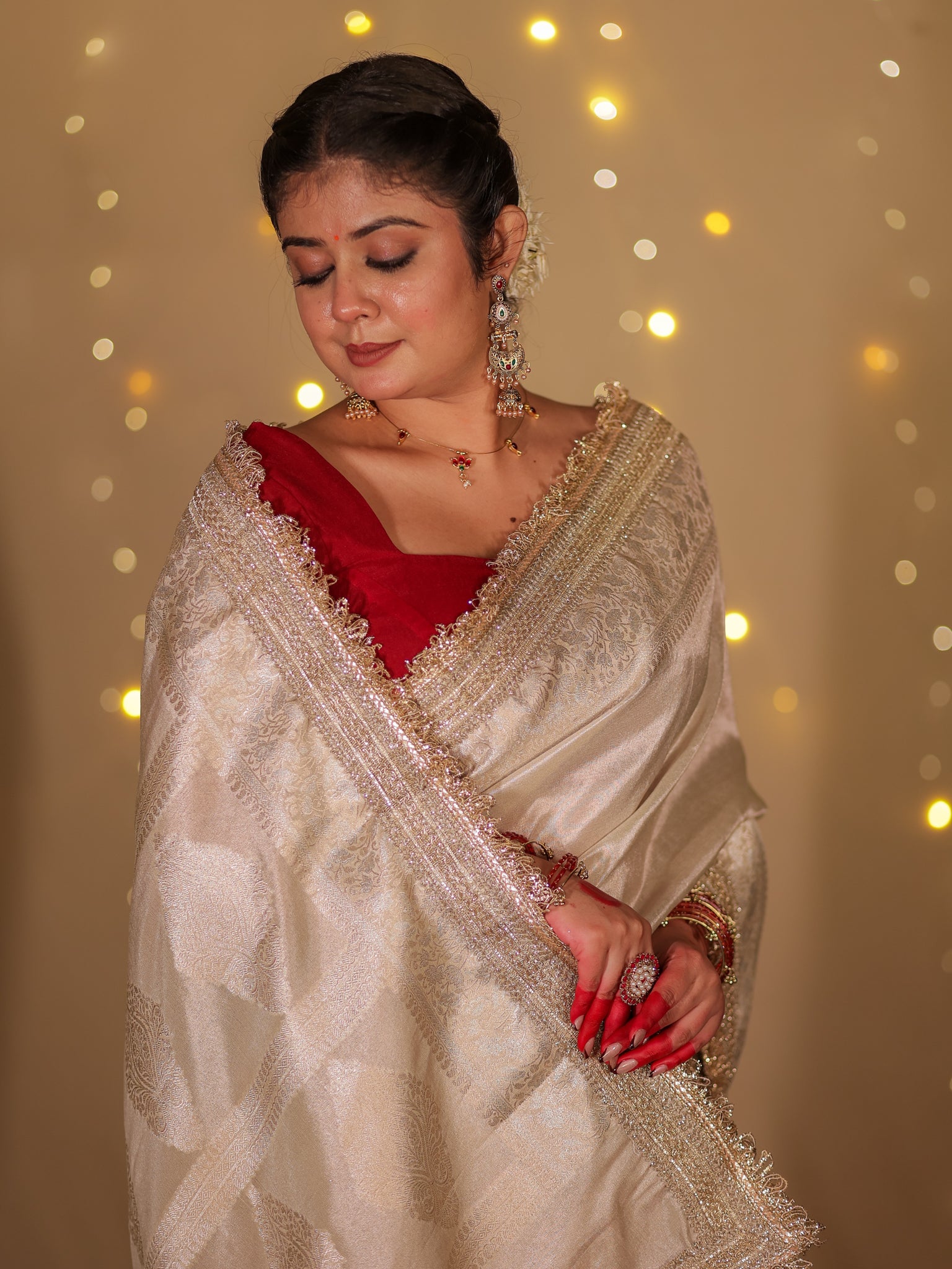 Banarasi Plain Tissue Saree with Lace Border - Beige