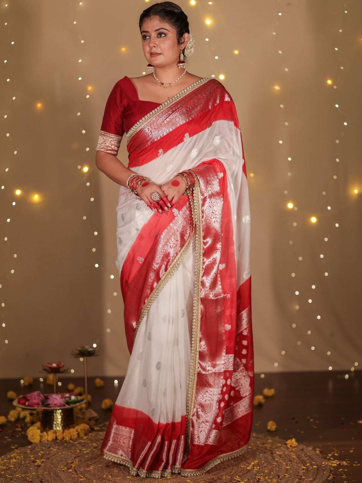 Banarasi Dual Shade Semi Chiffon Saree With Lace Border- White & Red