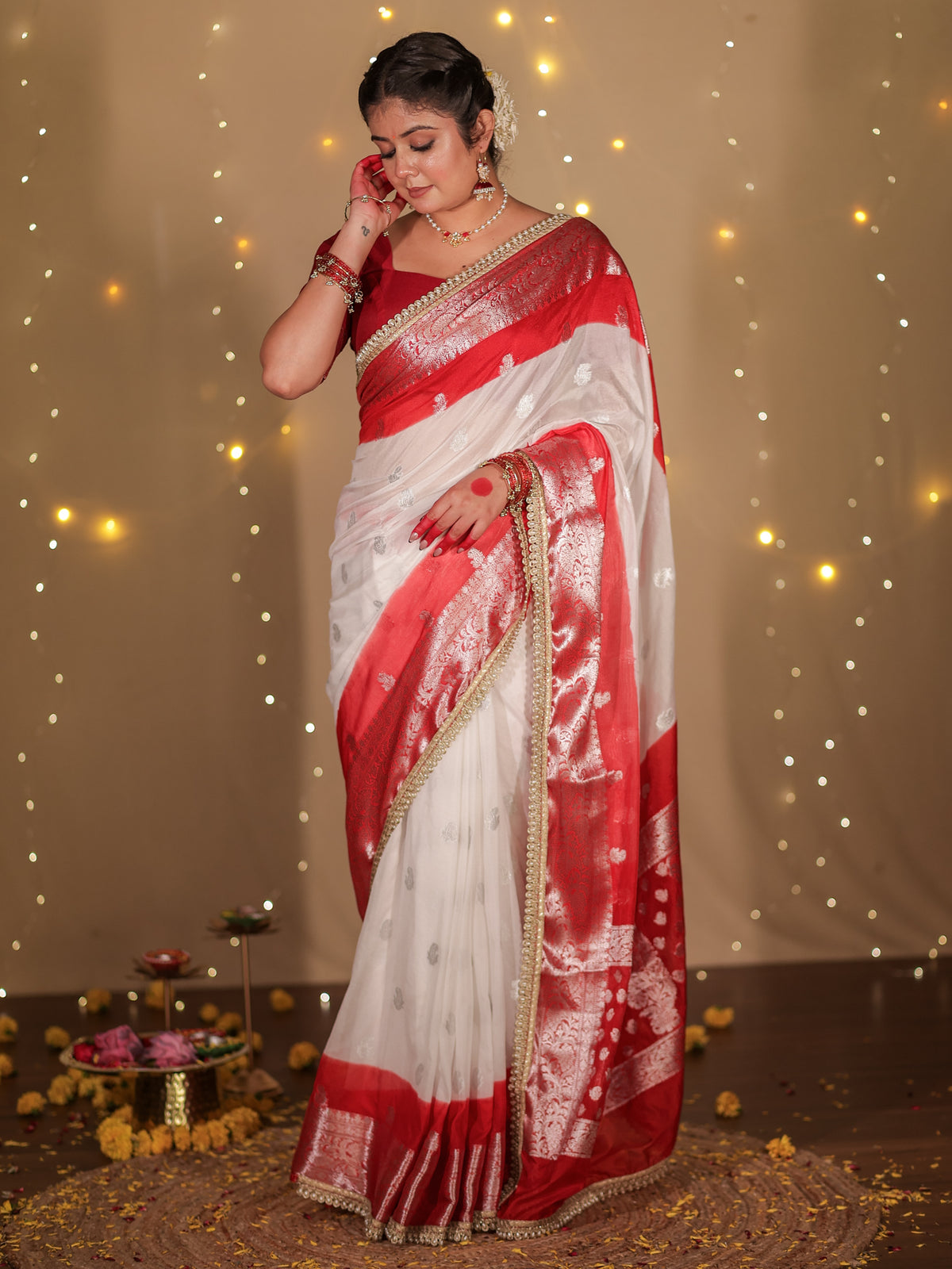 Banarasi Dual Shade Semi Chiffon Saree With Lace Border- White & Red