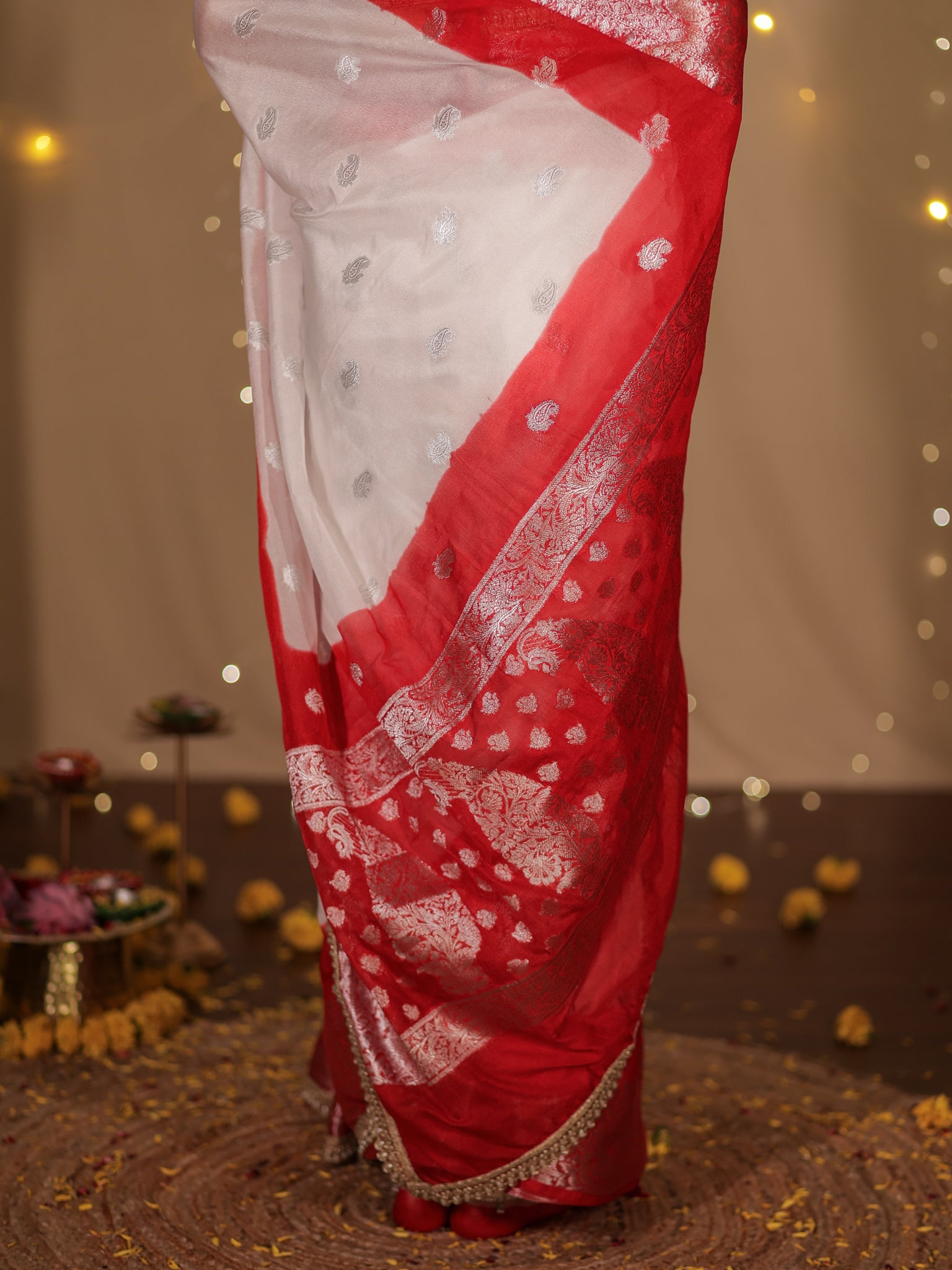 Banarasi Dual Shade Semi Chiffon Saree With Lace Border- White & Red