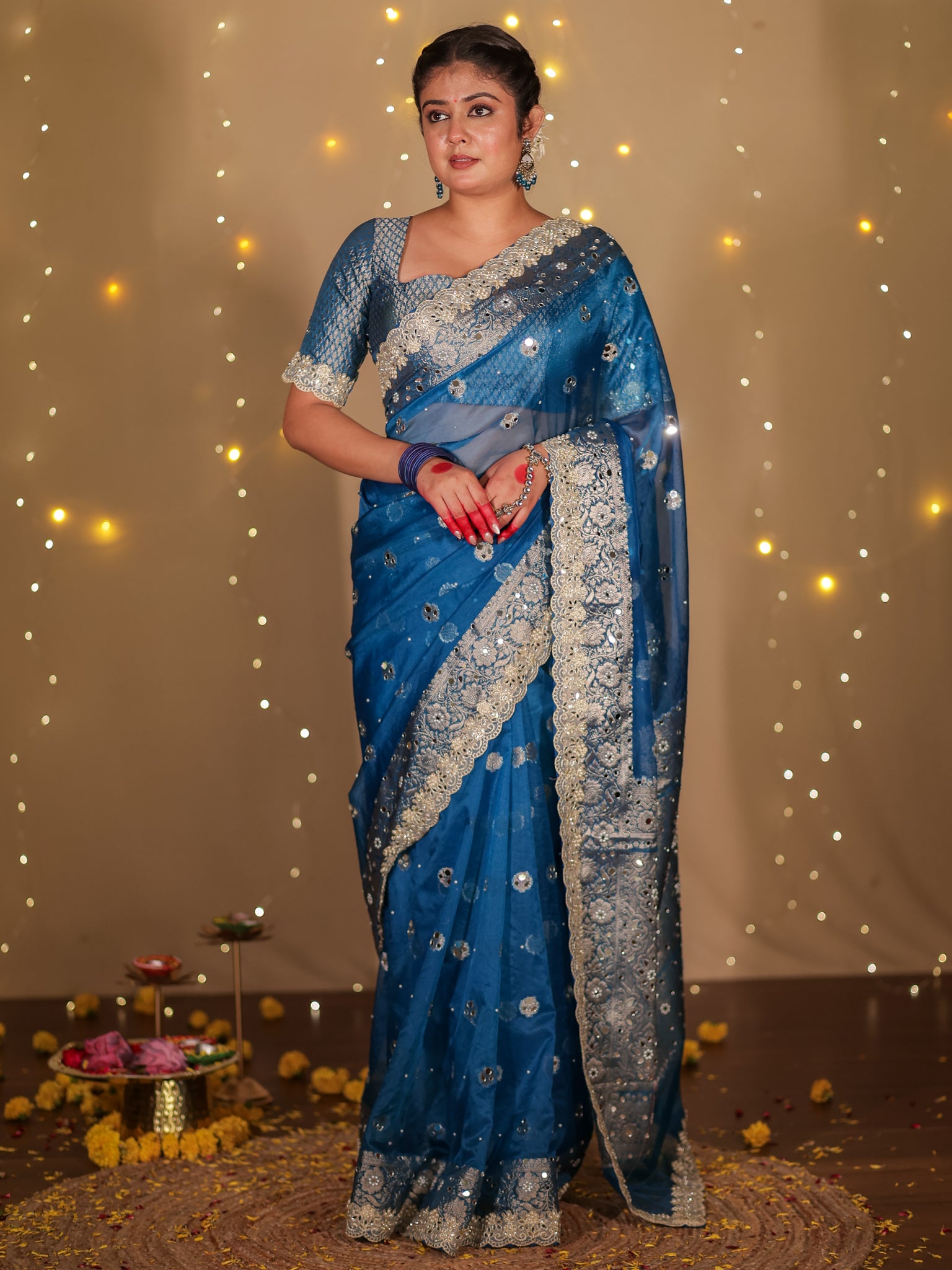 Banarasi Mirror Work Tissue Saree with Lace Border - Blue