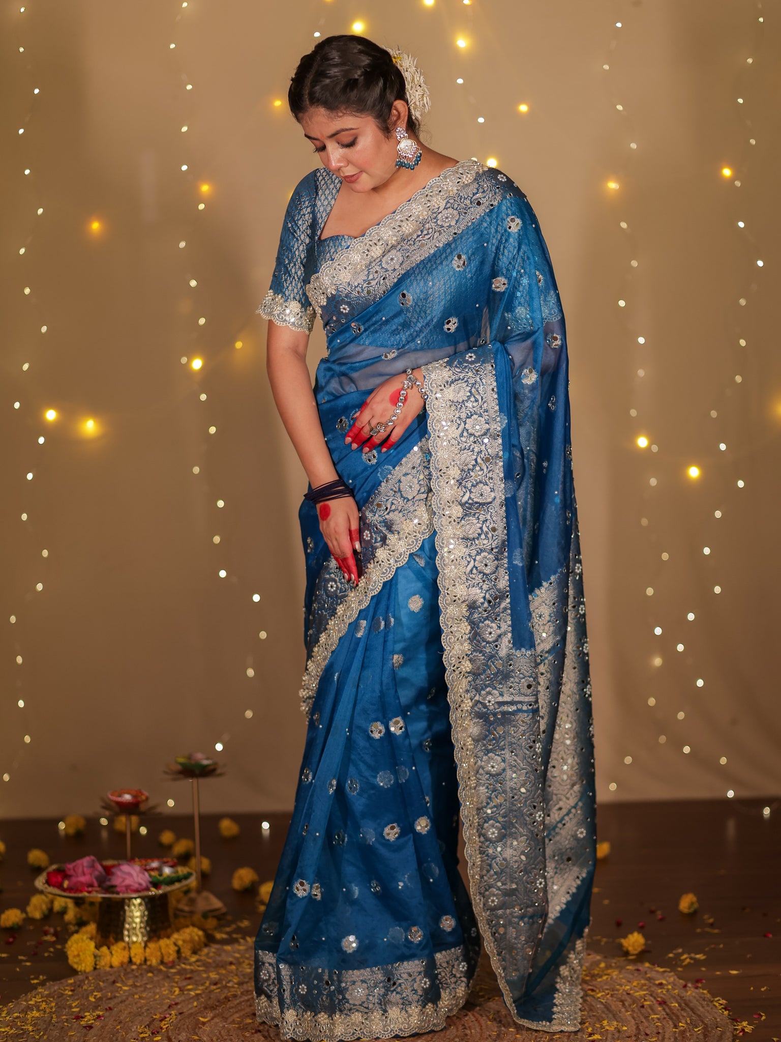 Banarasi Mirror Work Tissue Saree with Lace Border - Blue