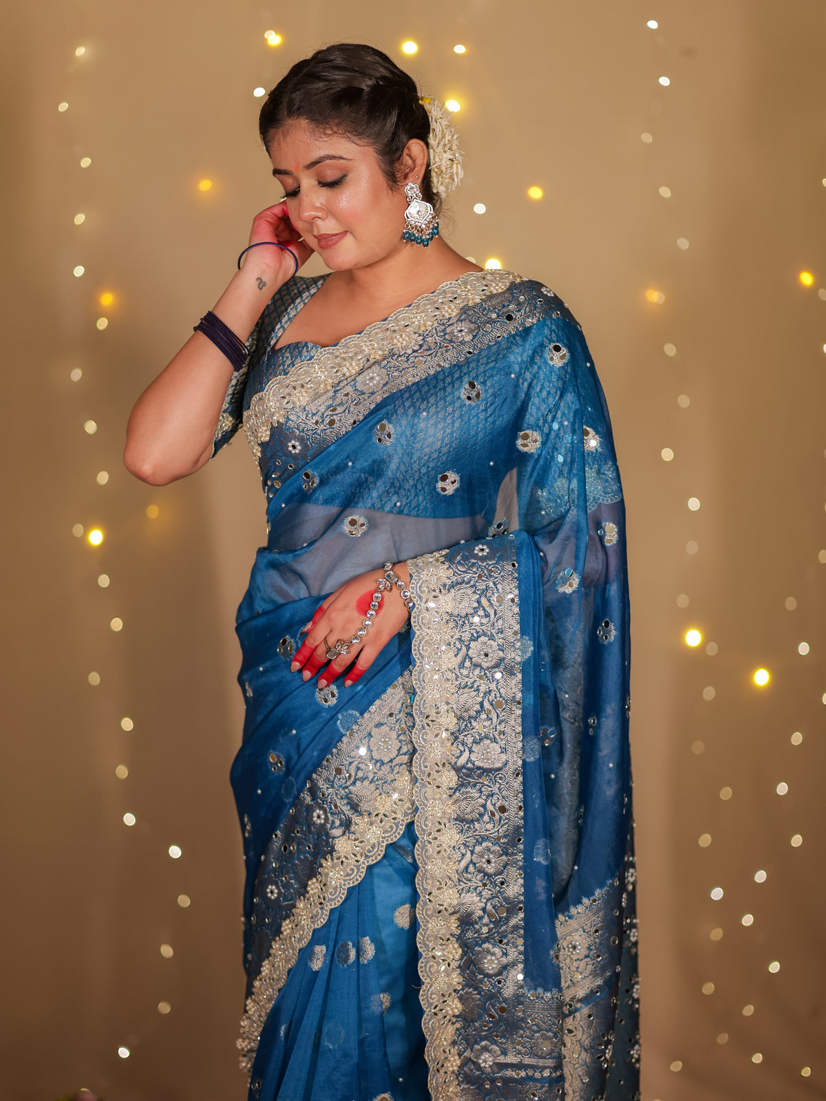 Banarasi Mirror Work Tissue Saree with Lace Border - Blue