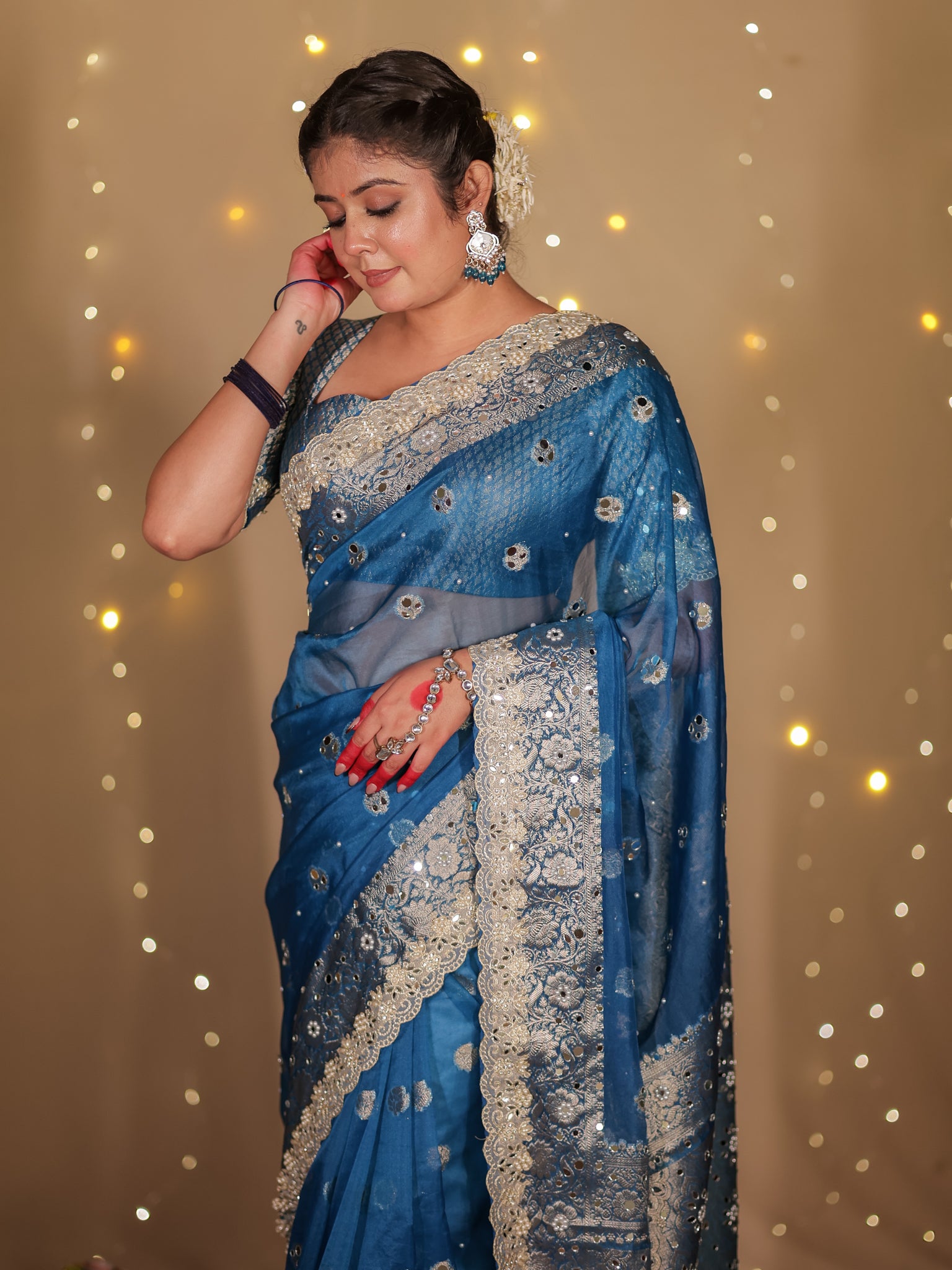 Banarasi Mirror Work Tissue Saree with Lace Border - Blue