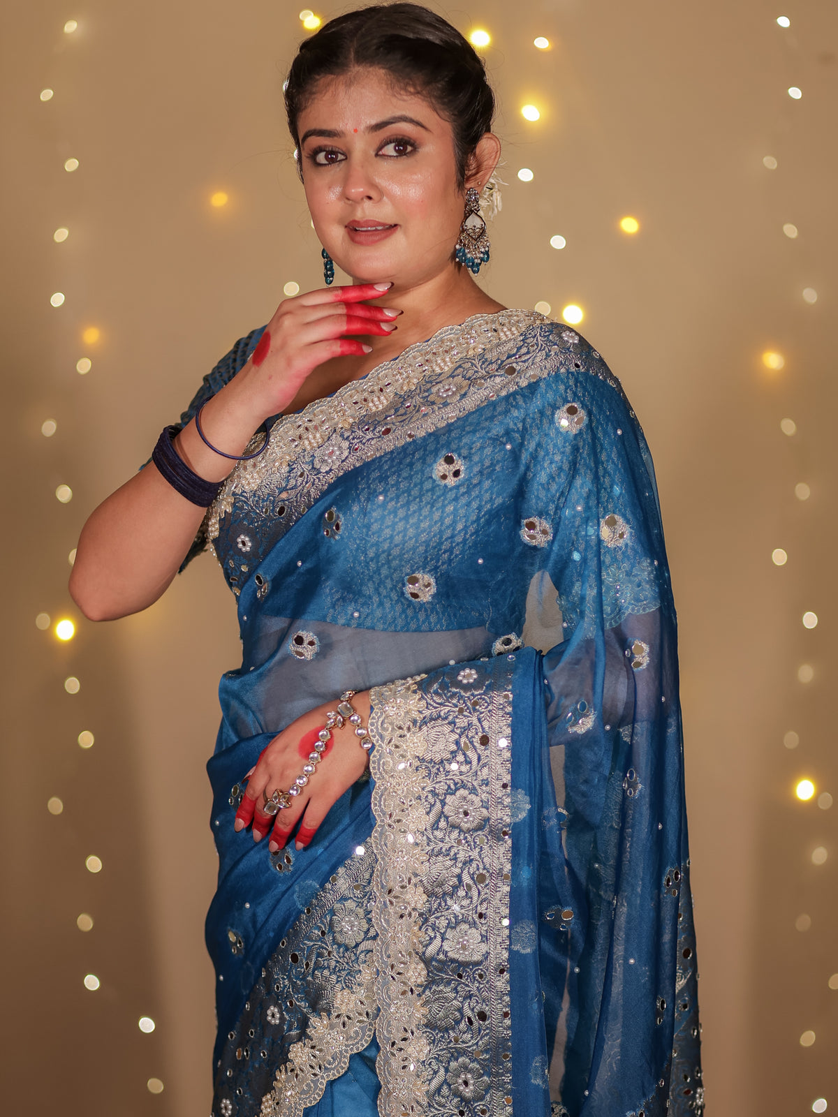 Banarasi Mirror Work Tissue Saree with Lace Border - Blue