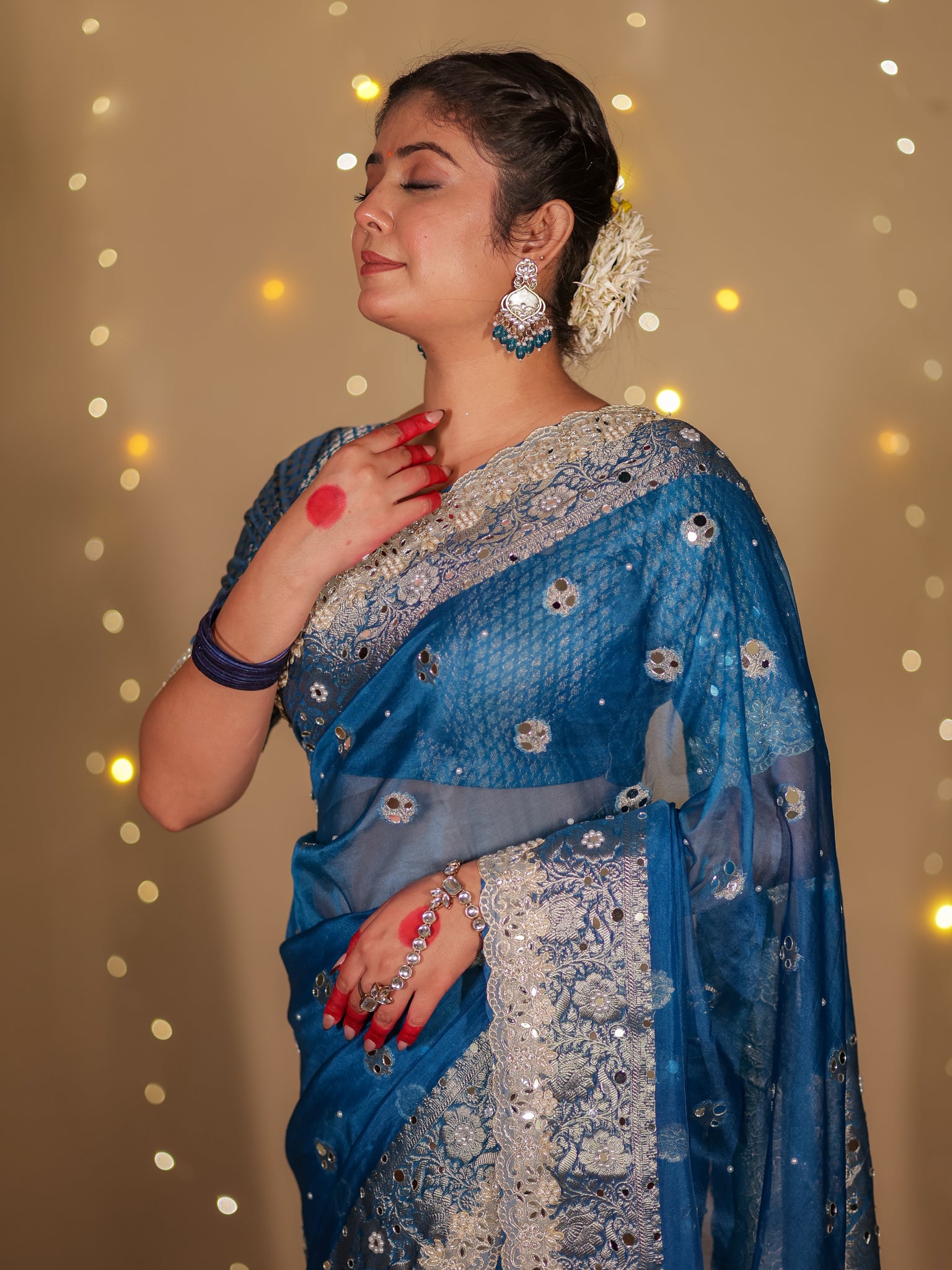 Banarasi Mirror Work Tissue Saree with Lace Border - Blue