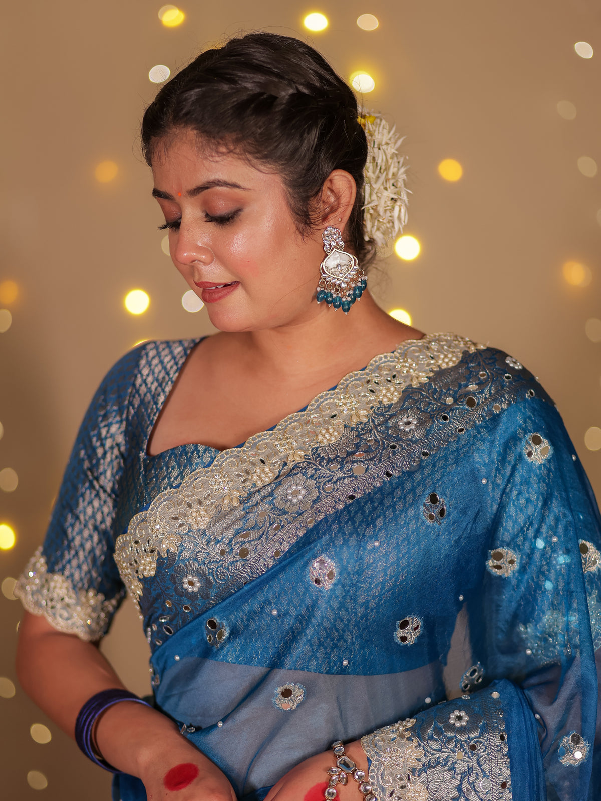 Banarasi Mirror Work Tissue Saree with Lace Border - Blue