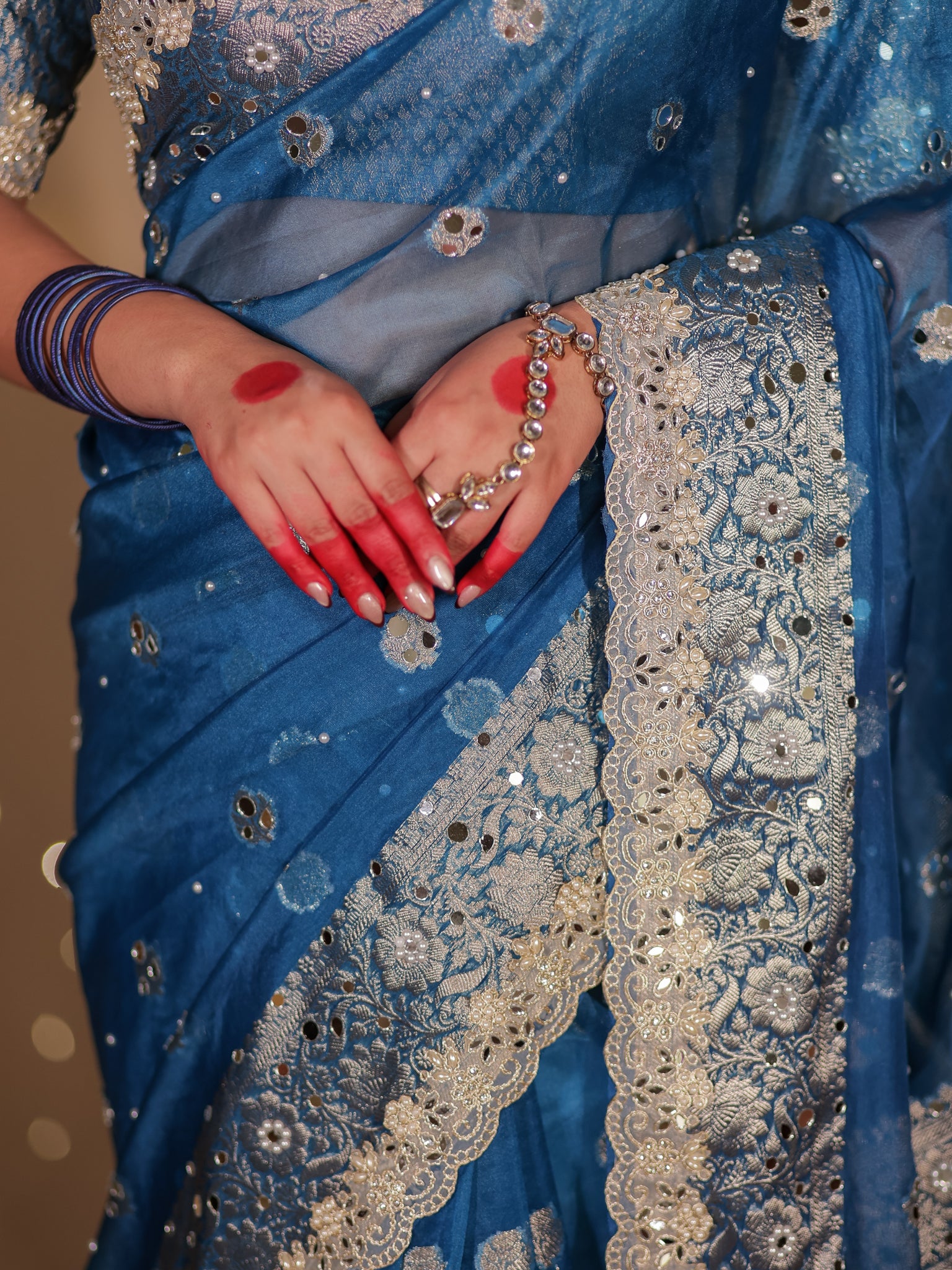 Banarasi Mirror Work Tissue Saree with Lace Border - Blue
