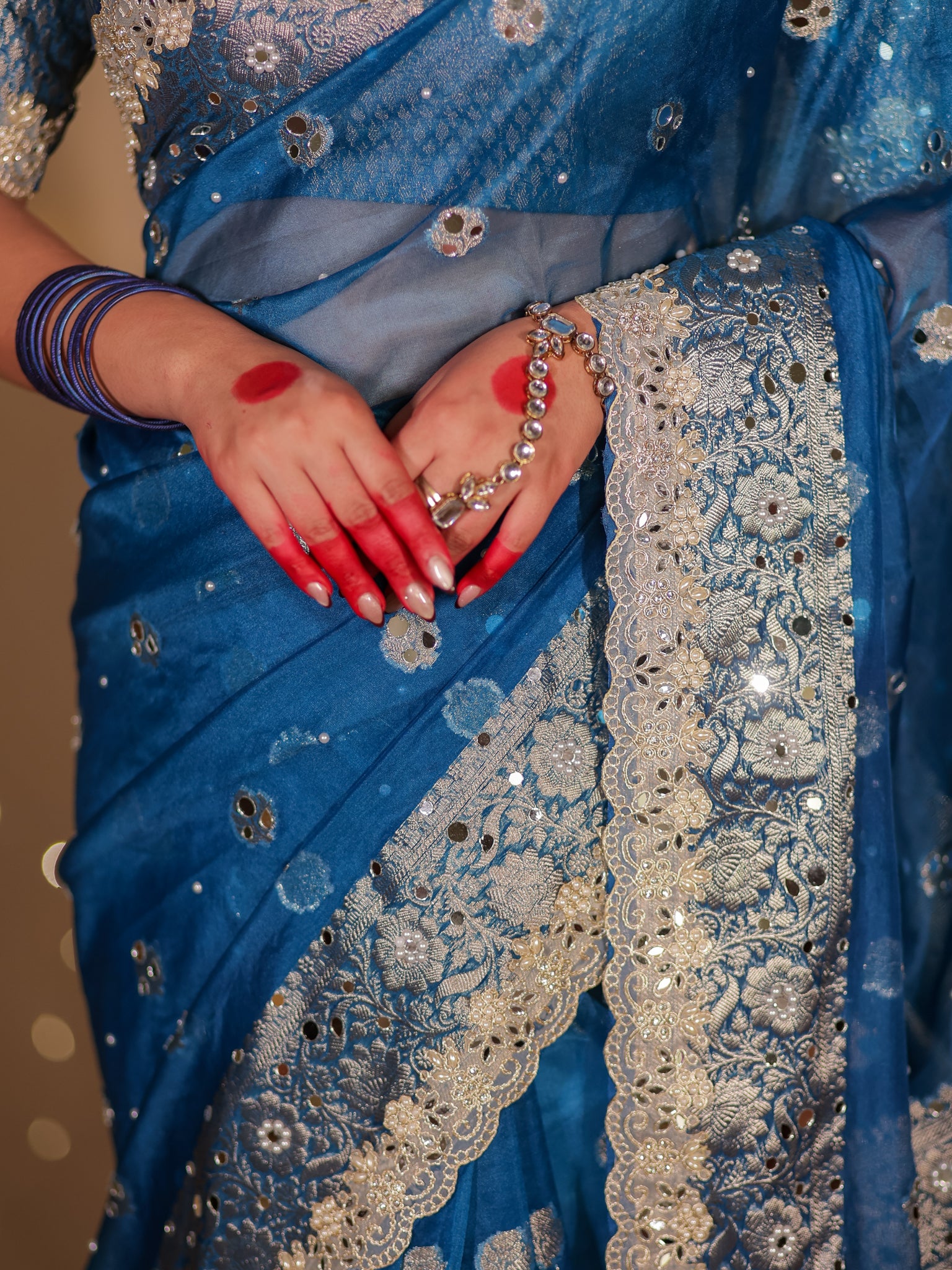 Banarasi Mirror Work Tissue Saree with Lace Border - Blue