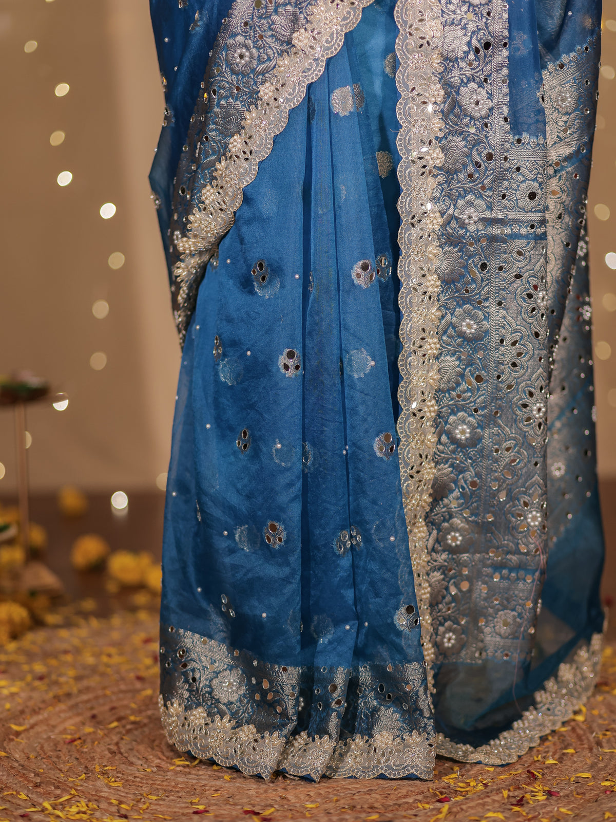 Banarasi Mirror Work Tissue Saree with Lace Border - Blue