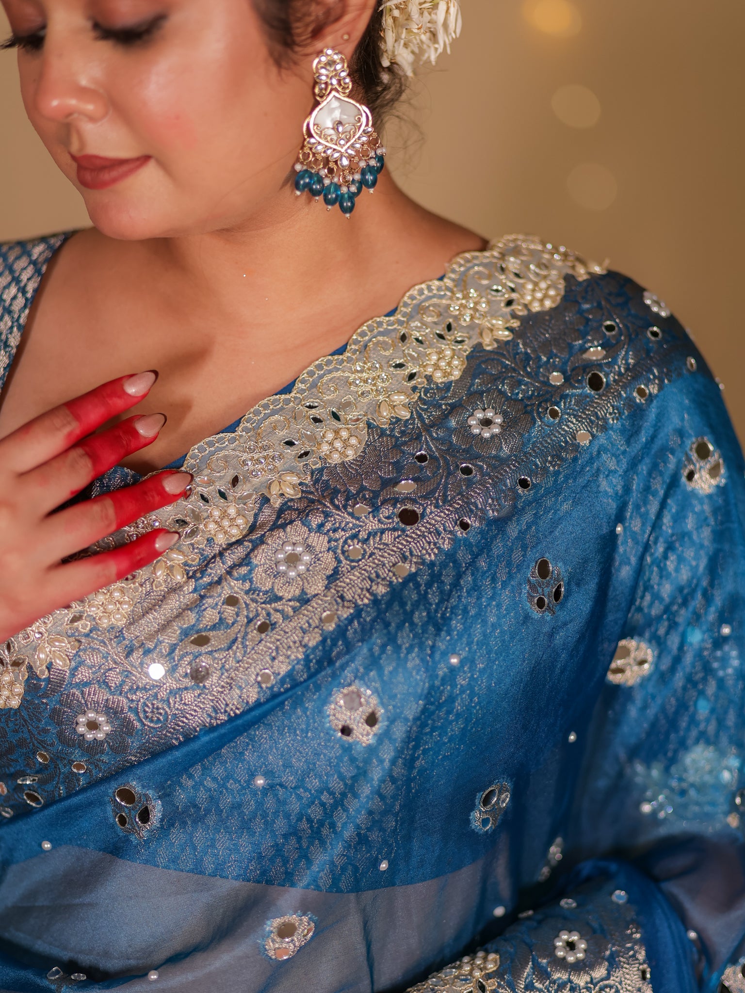 Banarasi Mirror Work Tissue Saree with Lace Border - Blue