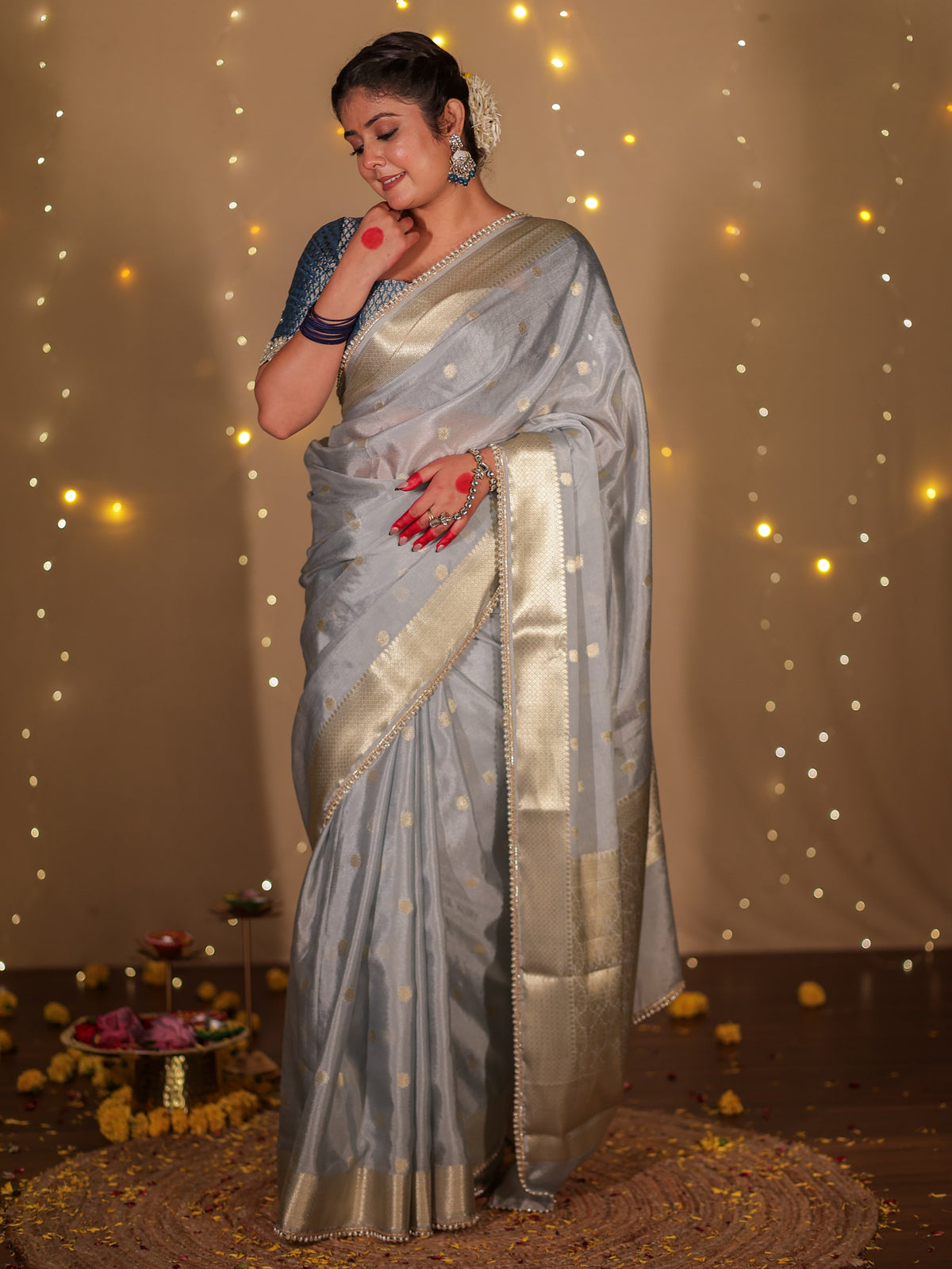 Banarasi Cotton Silk Saree With Zari Weaving & Lace Border- Grey